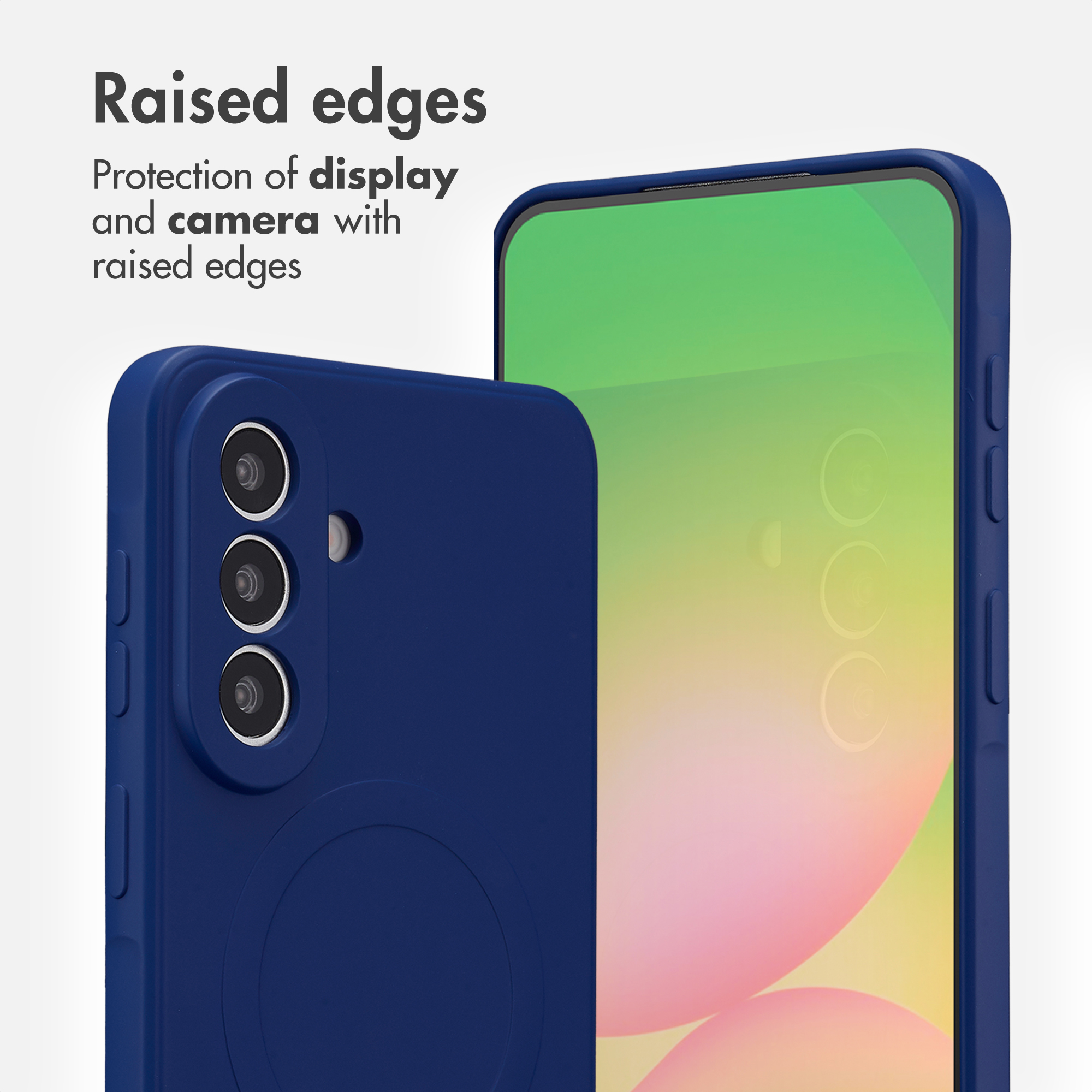 Coque de smartphone bleue avec bords surélevés pour protéger l'écran et l'appareil photo.