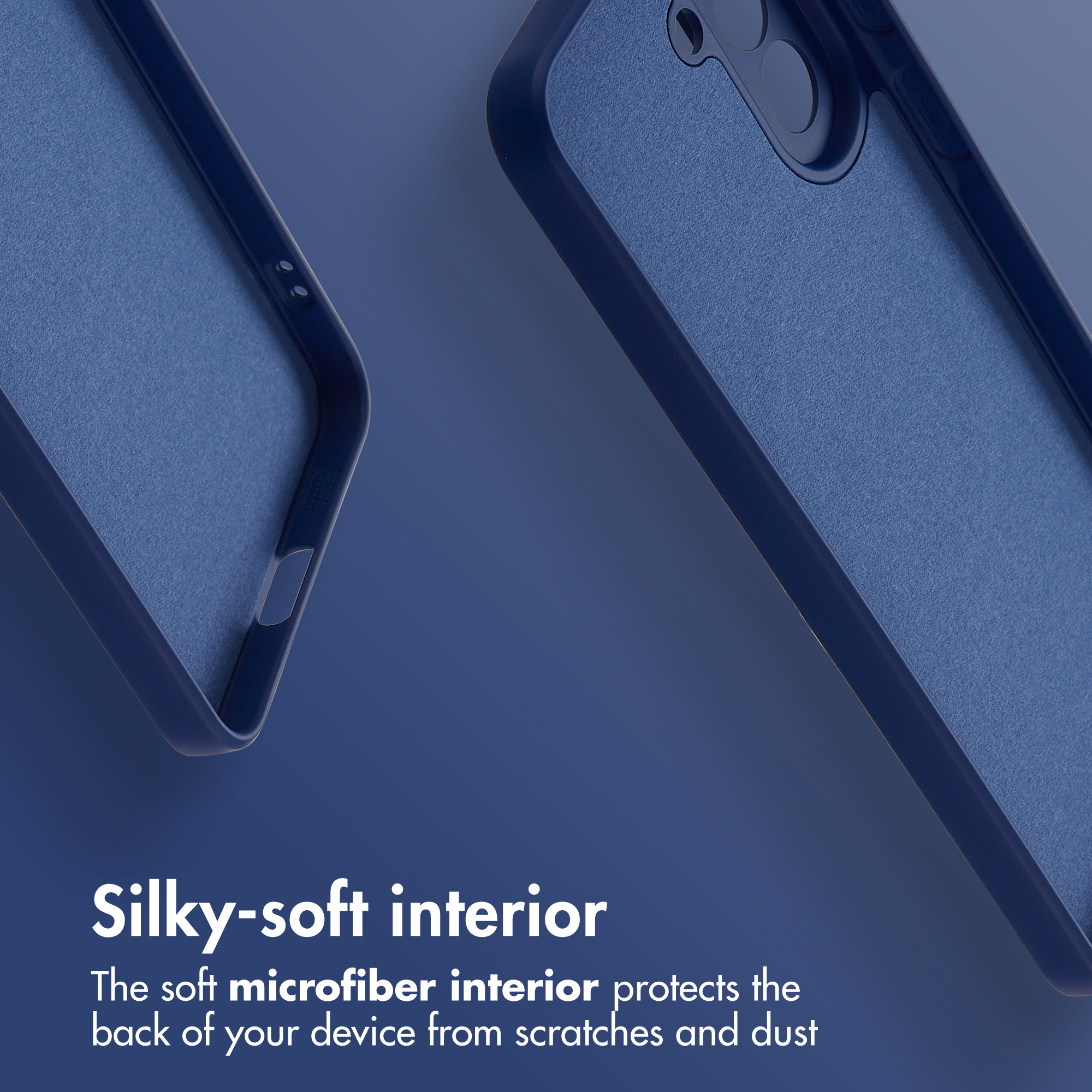 Deux coques de téléphone bleu foncé sur fond bleu, avec intérieur en microfibre douce.