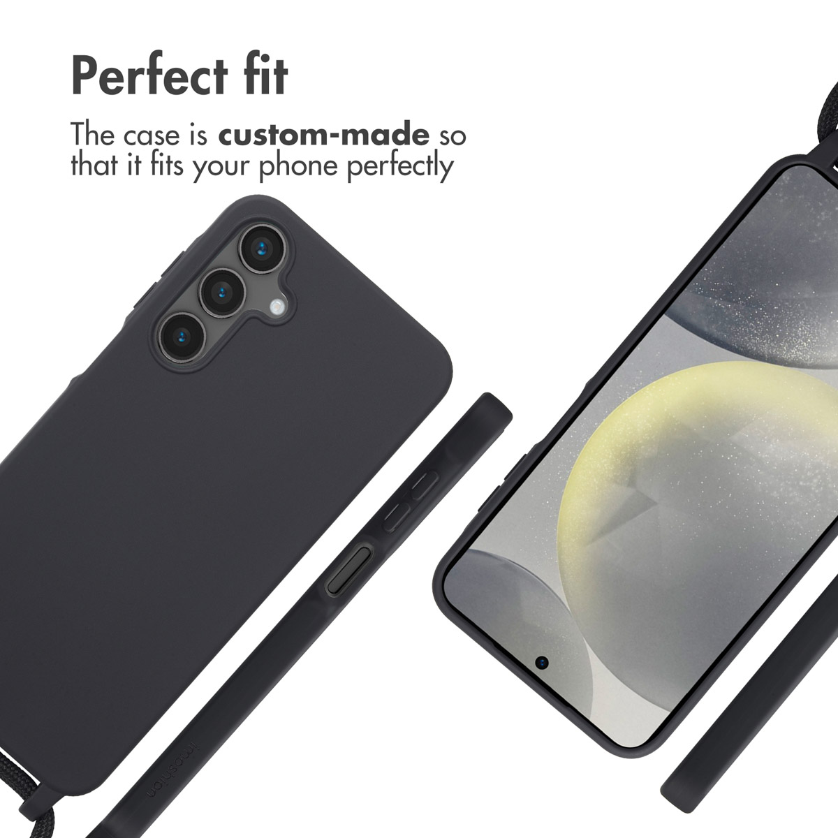 Una funda de móvil negra con correa, vista de frente y dorso, con el texto Perfect fit.