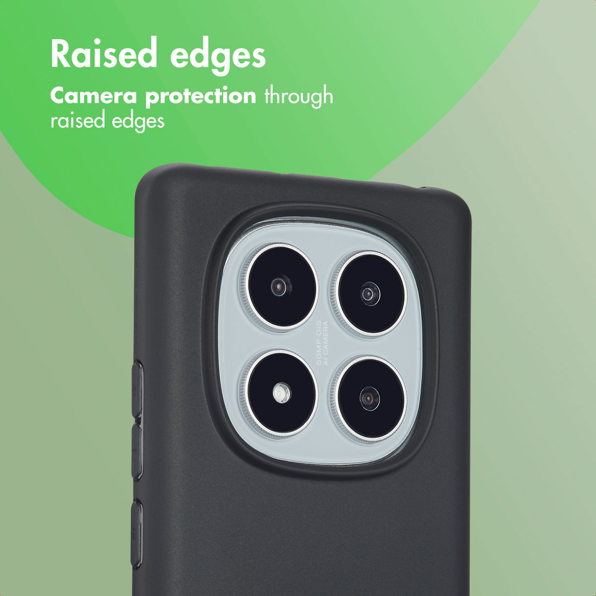 Los bordes elevados alrededor de la cámara del teléfono ofrecen protección sobre fondo verde.