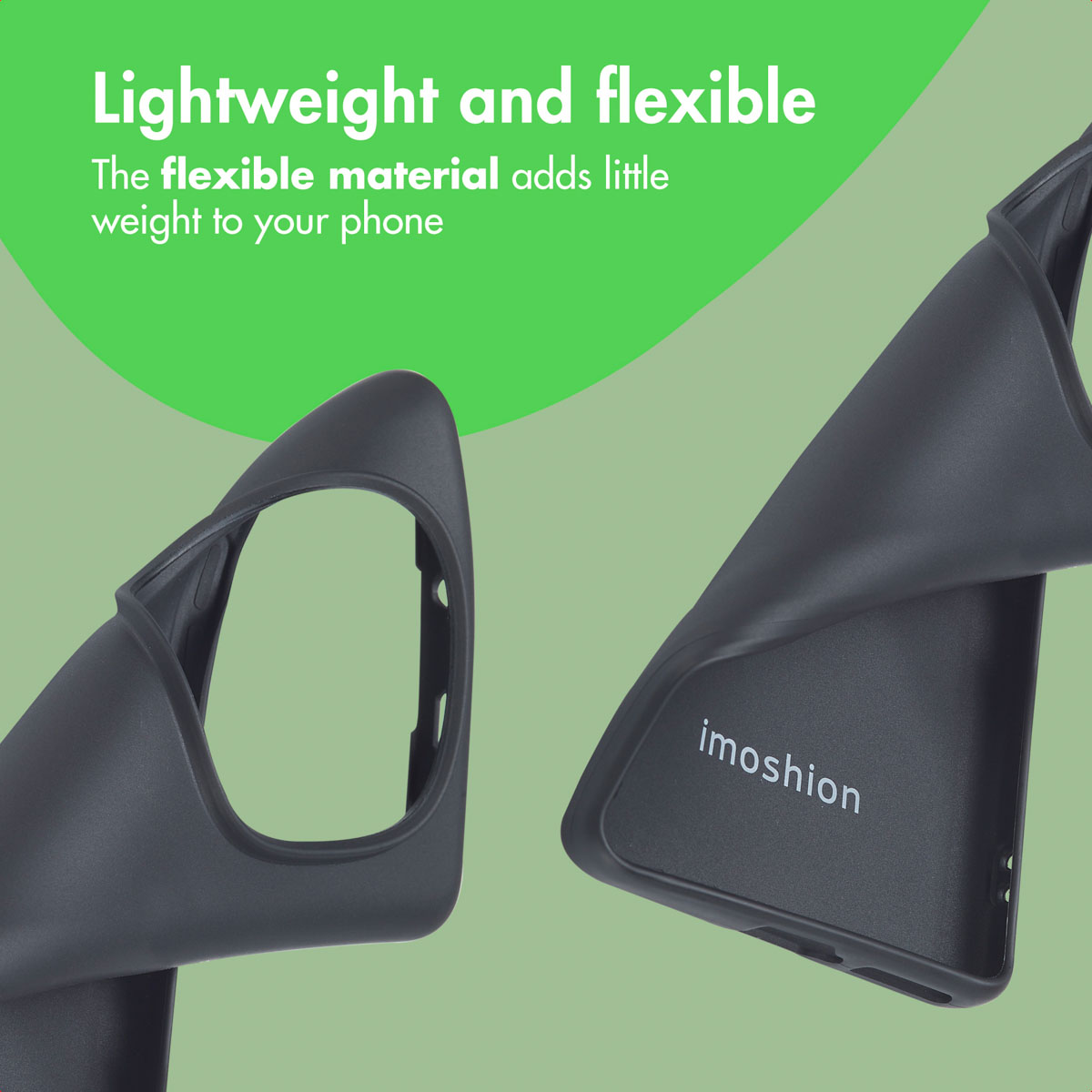 Funda de móvil negra flexible con texto imoshion sobre fondo verde.