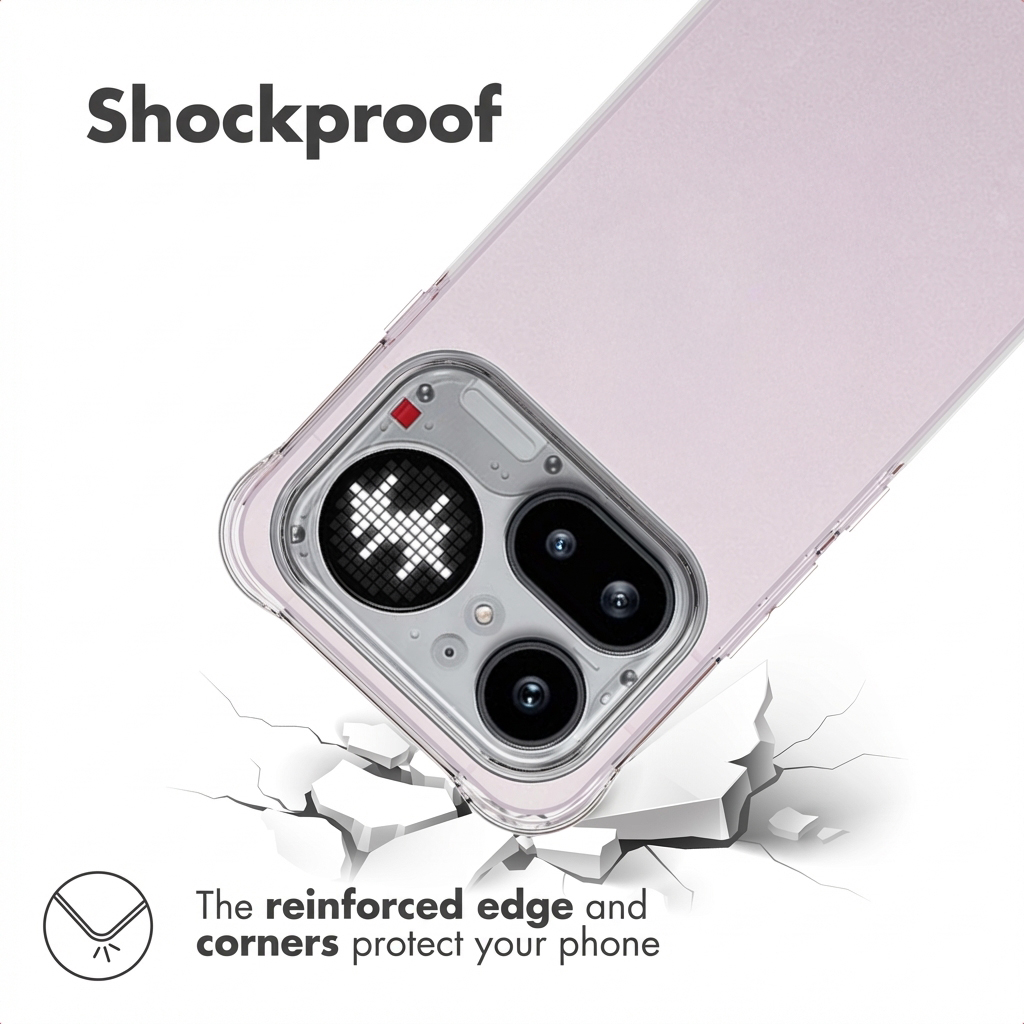 Una funda de móvil con esquinas reforzadas sobre una superficie rota, texto Shockproof.
