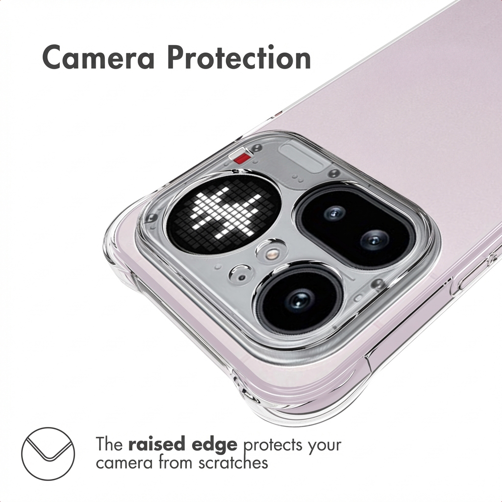 Un smartphone con funda transparente que destaca la protección de la cámara.