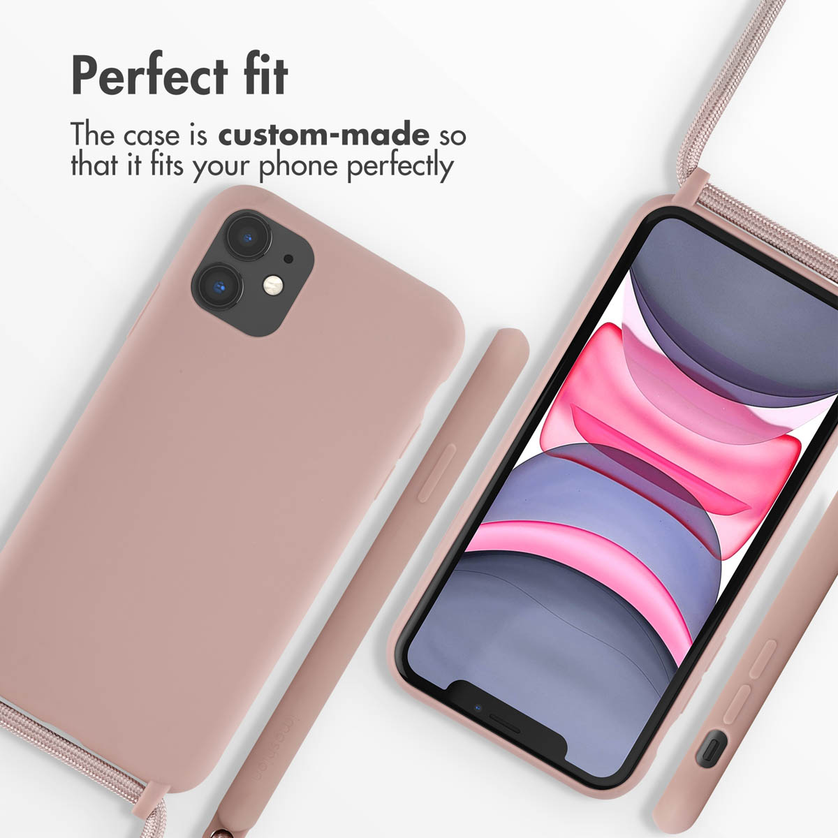 Funda rosa para smartphone con correa, mostrada sobre fondo blanco para resaltar su ajuste.