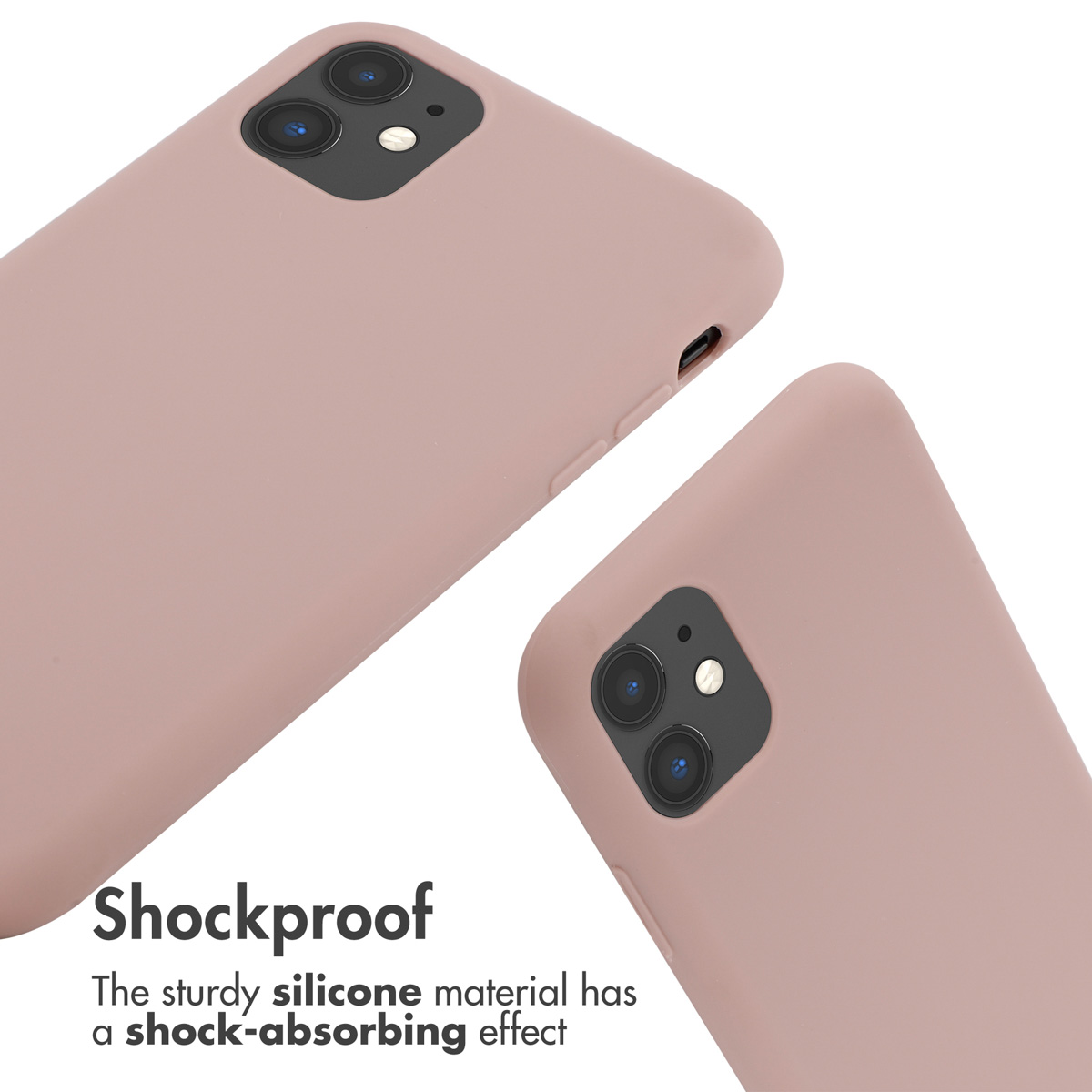 Funda de silicona rosa polvorienta con dos aberturas para cámara y texto.