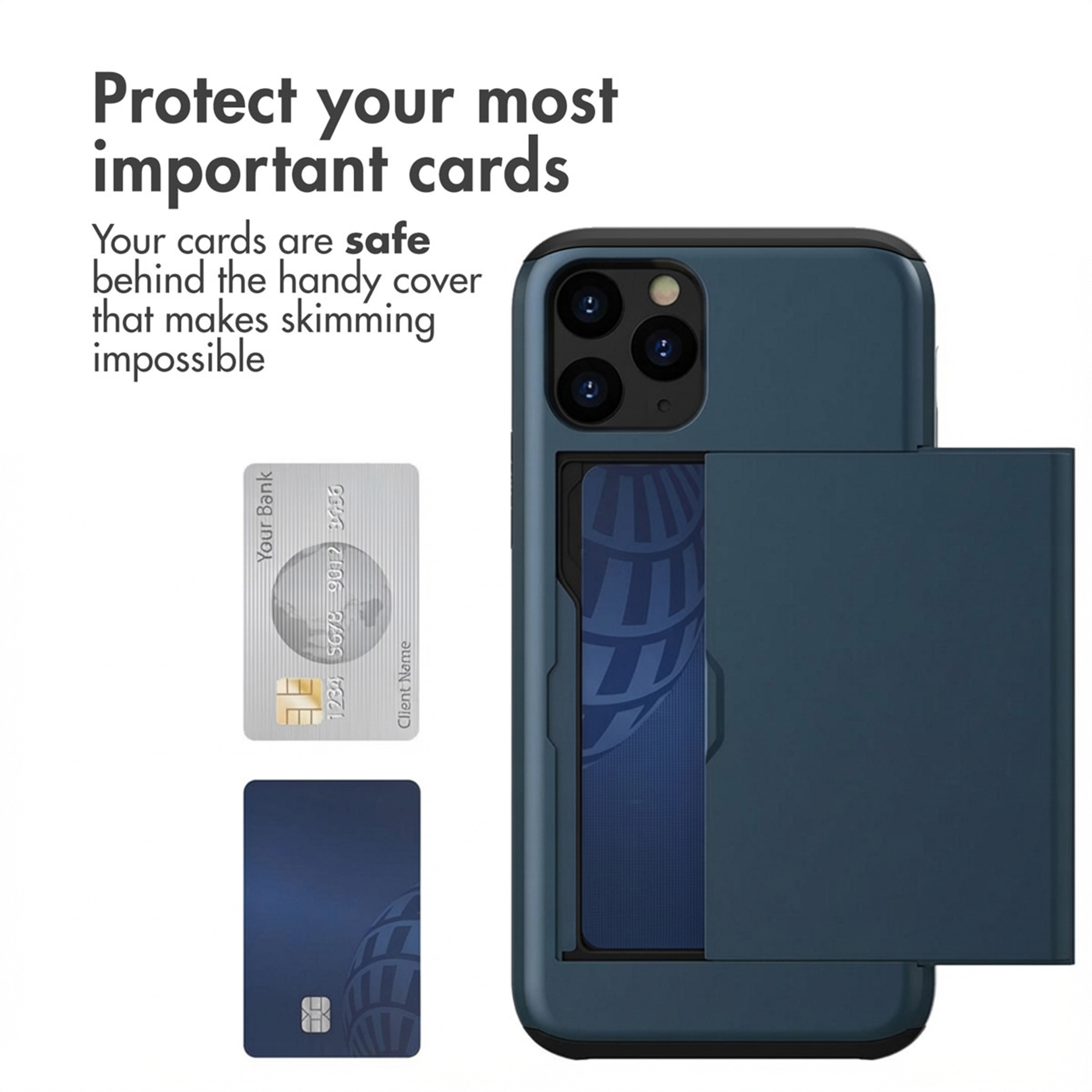 Blaue Smartphone-Hülle mit Kartenfach auf der Rückseite und Text über Kartenschutz.