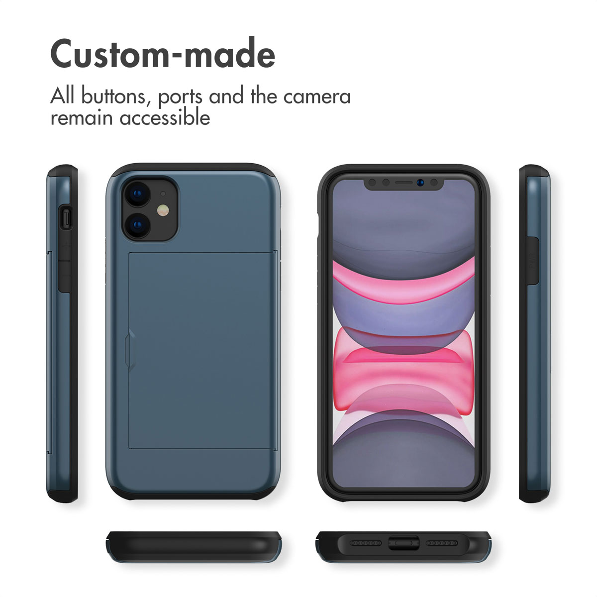 Blaue Smartphone-Hülle mit Kartenfach und verschiedenen Ansichten für Tasten und Anschlüsse.