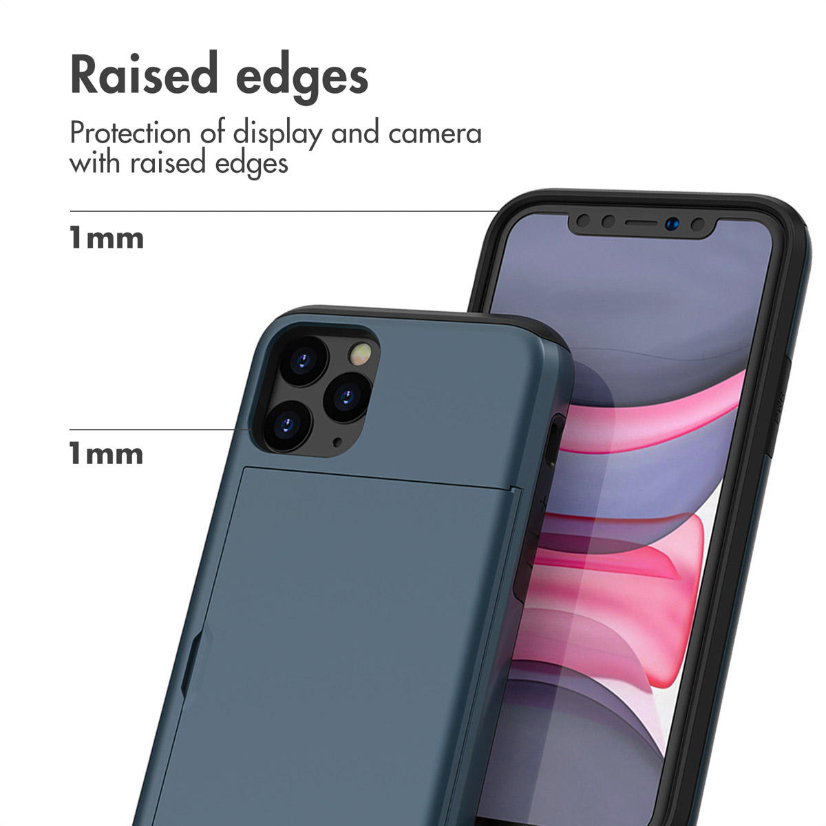Diagramm zeigt erhöhte Kanten einer Handyhülle zum Schutz von Display und Kamera mit 1 mm Maßangabe.