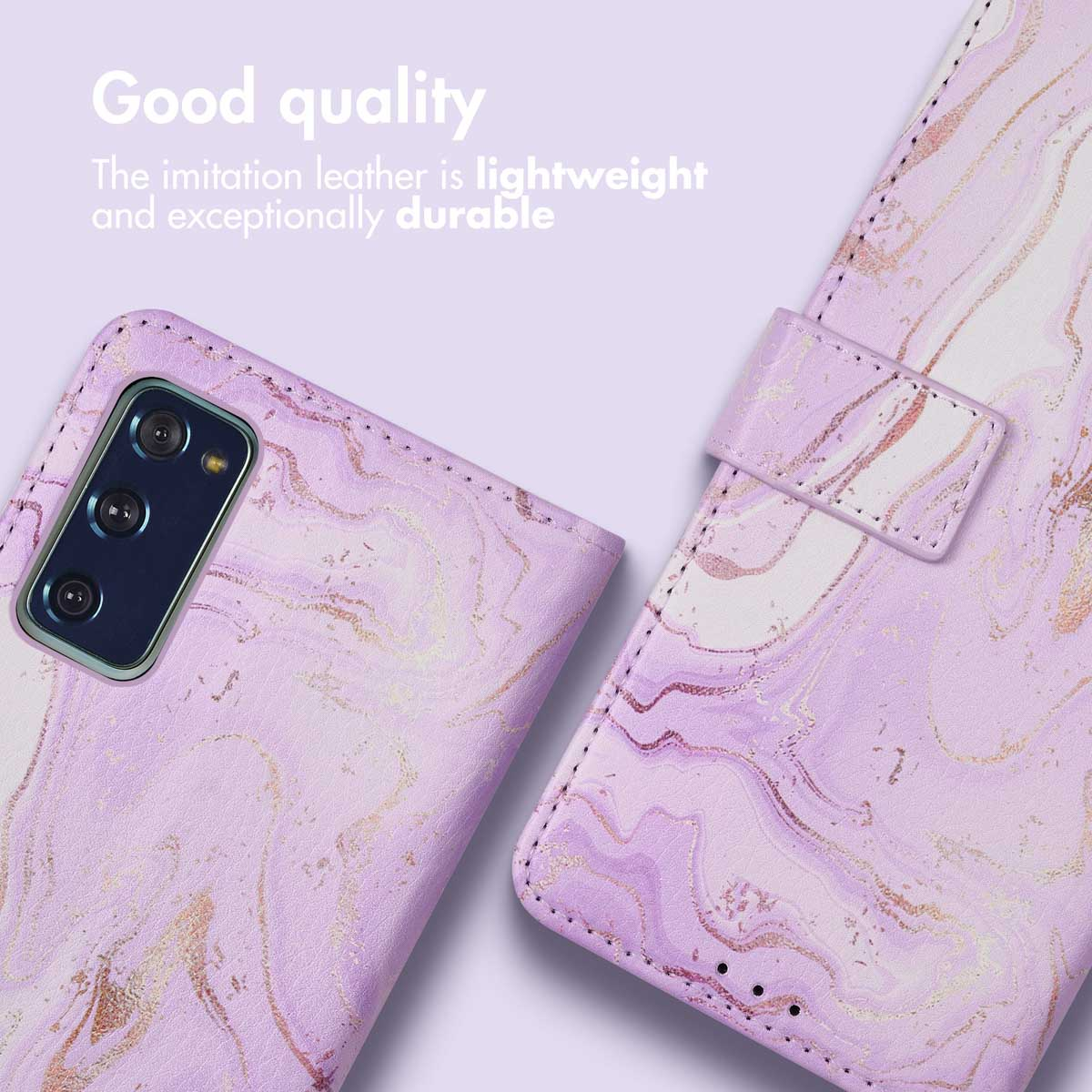 Funda de móvil de piel sintética morada con patrón de mármol y texto.