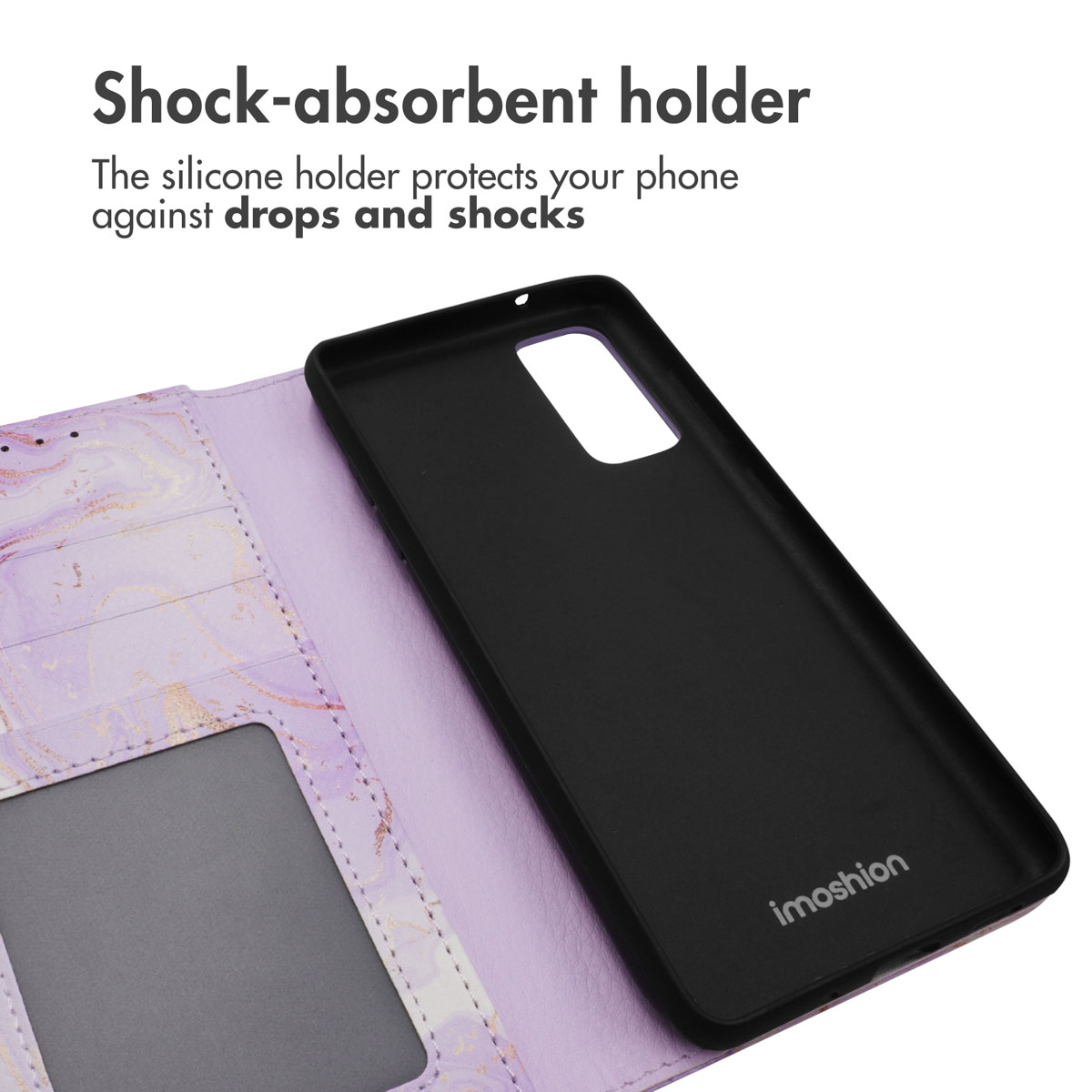 Funda de móvil de mármol morado con soporte de silicona negra, tarjeteros y texto.