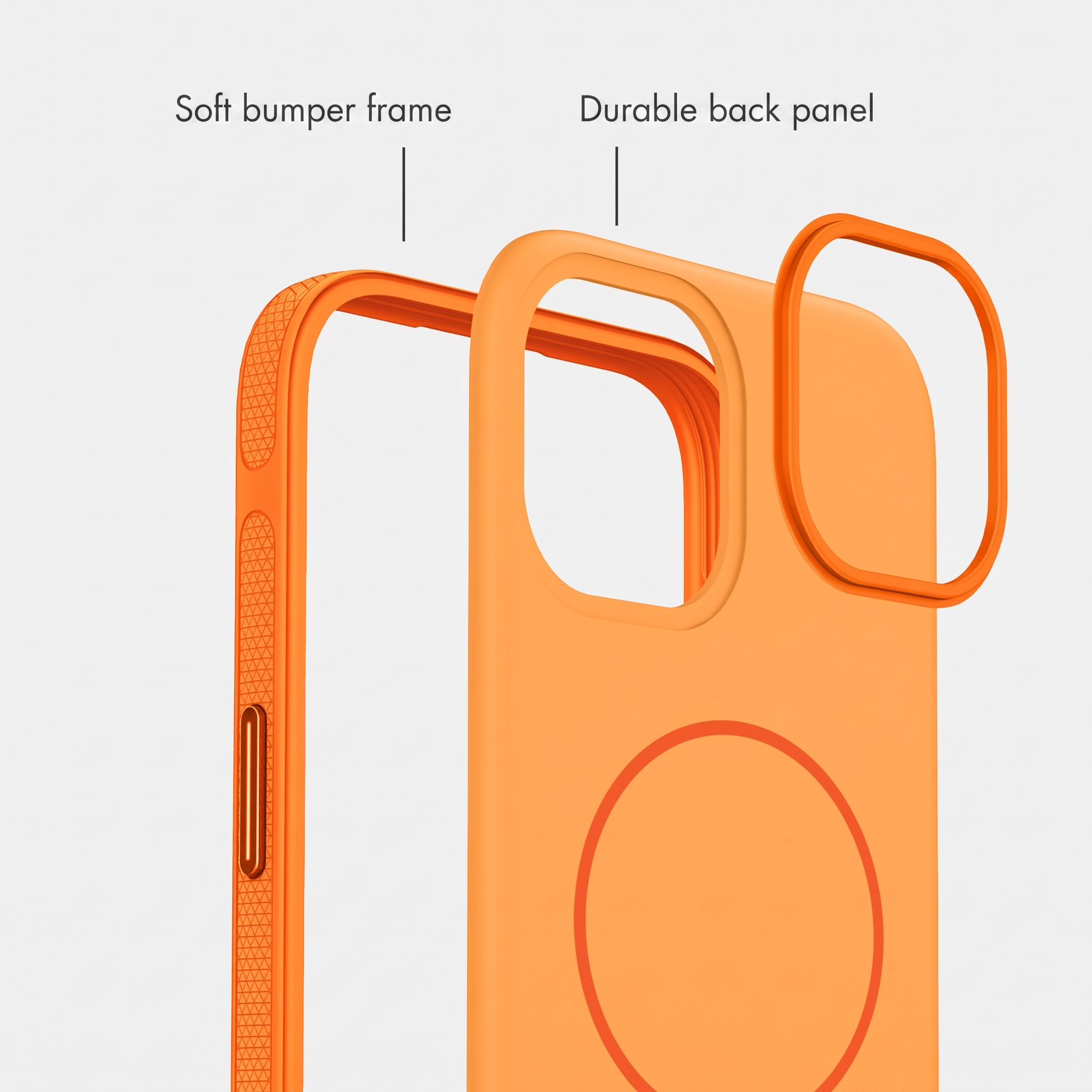 Een oranje telefoonhoesje toont een zacht bumperframe en duurzaam achterpaneel met labels.