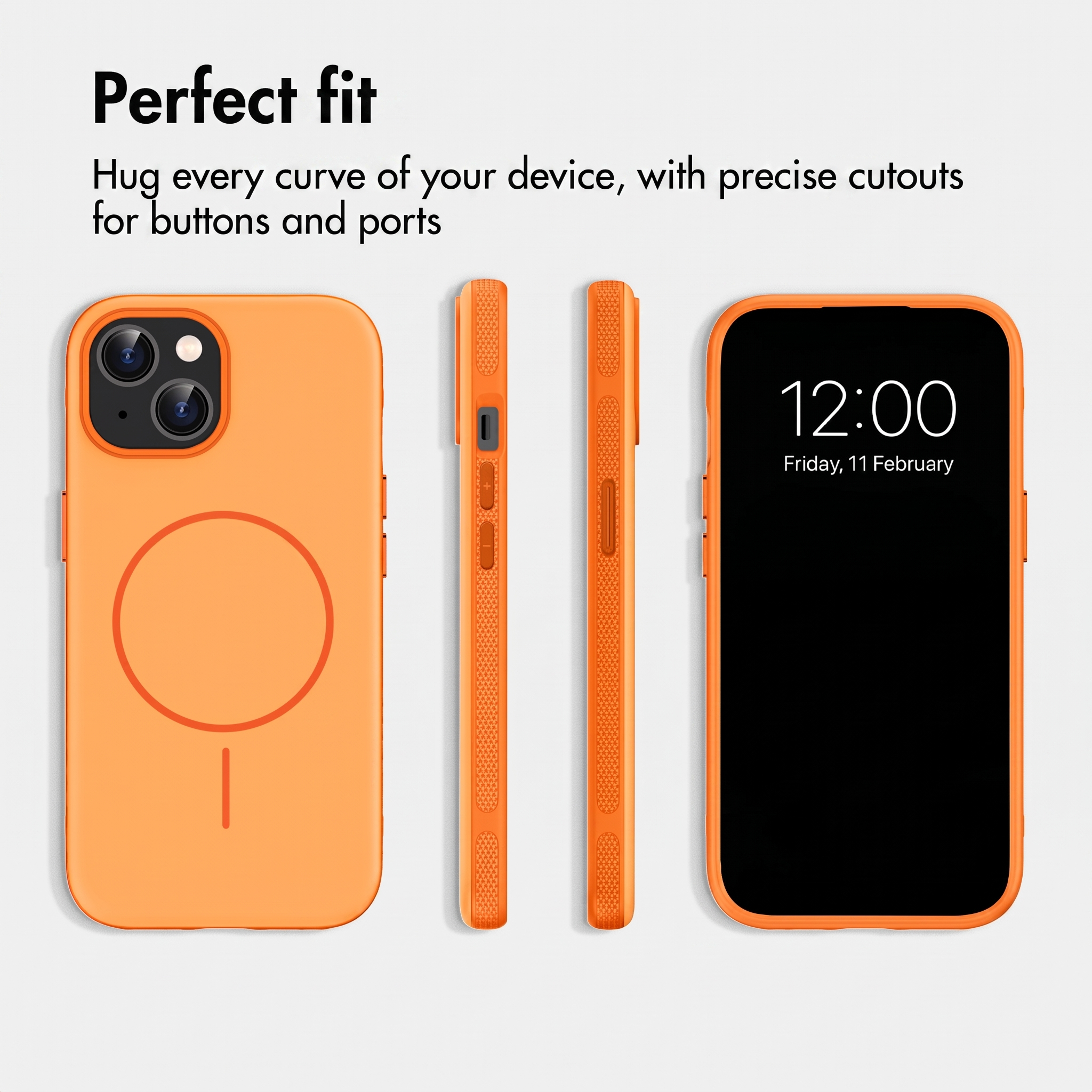 Vier weergaven van een oranje smartphonehoesje met nauwkeurige uitsparingen en MagSafe-ring.