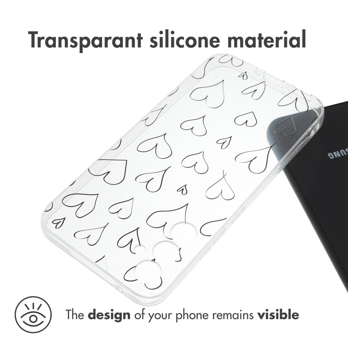 Cover in silicone trasparente con motivo a cuori neri, accanto a uno smartphone nero.