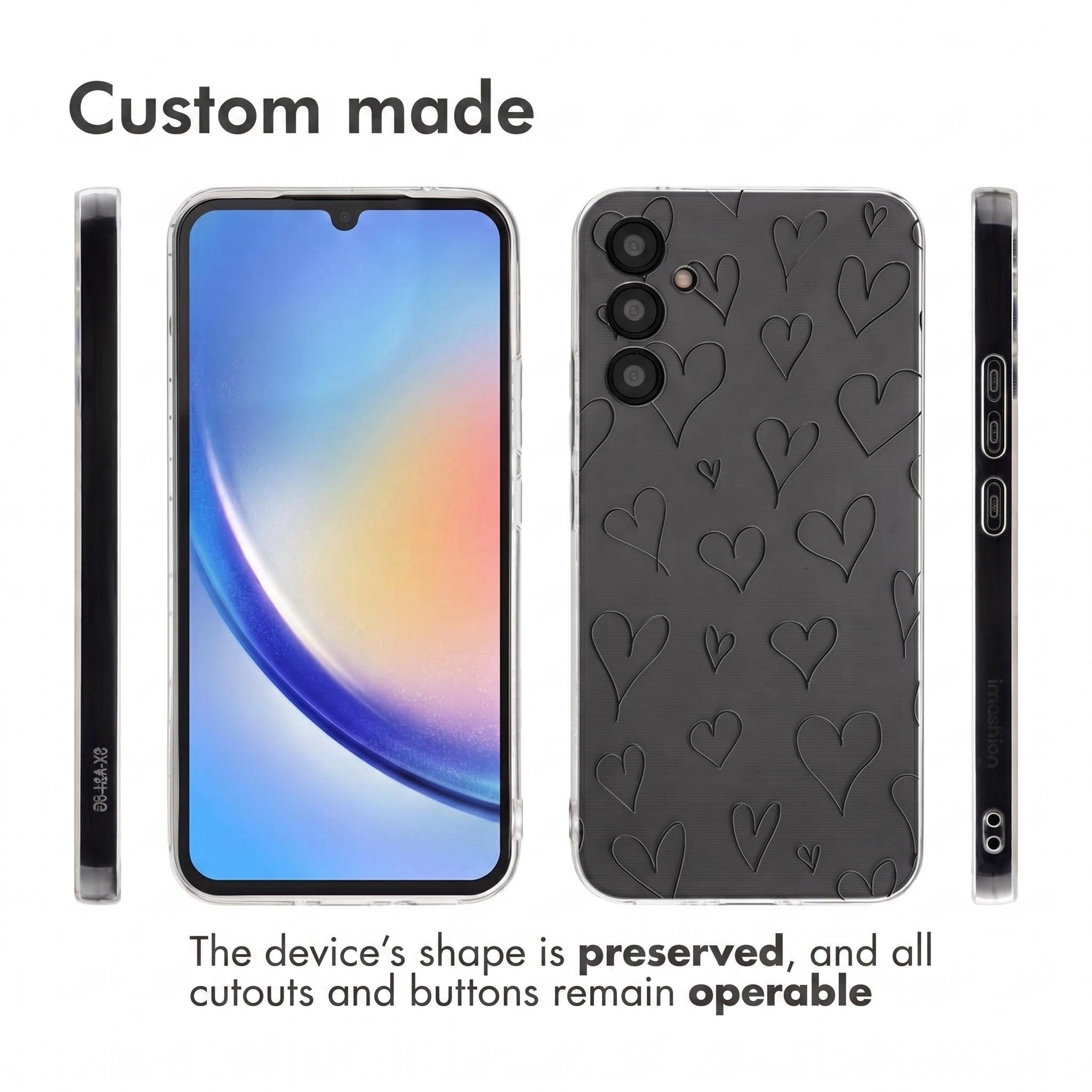 Varie viste di una custodia per smartphone con motivo a cuori.