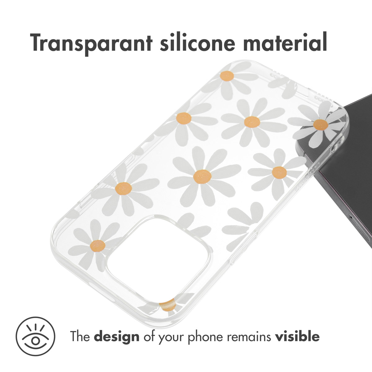 Una custodia in silicone trasparente decorata con margherite bianche.