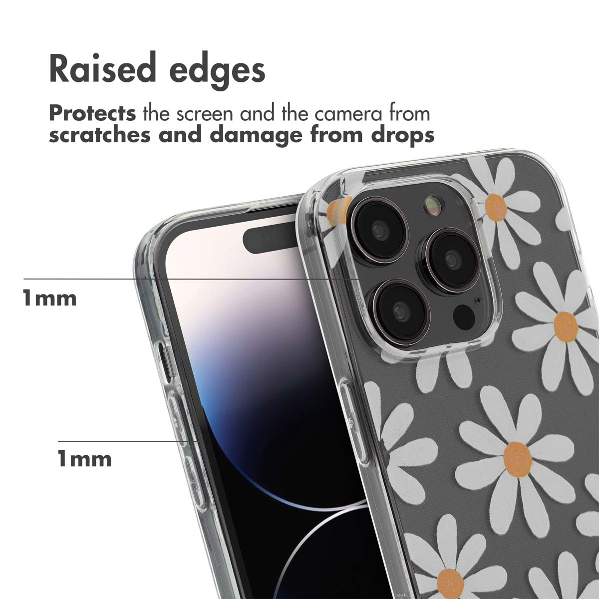Uno smartphone in custodia trasparente con margherite e bordi rialzati di 1 mm per protezione.