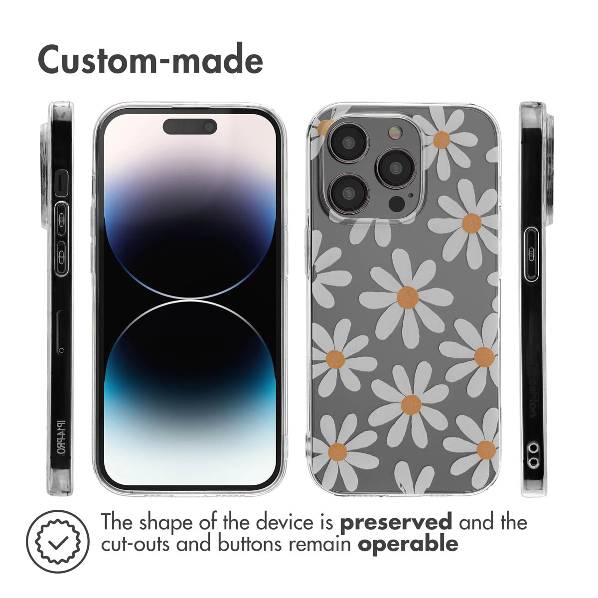 Cover per cellulare con motivo a margherite bianche su sfondo grigio, vista da più angolazioni.