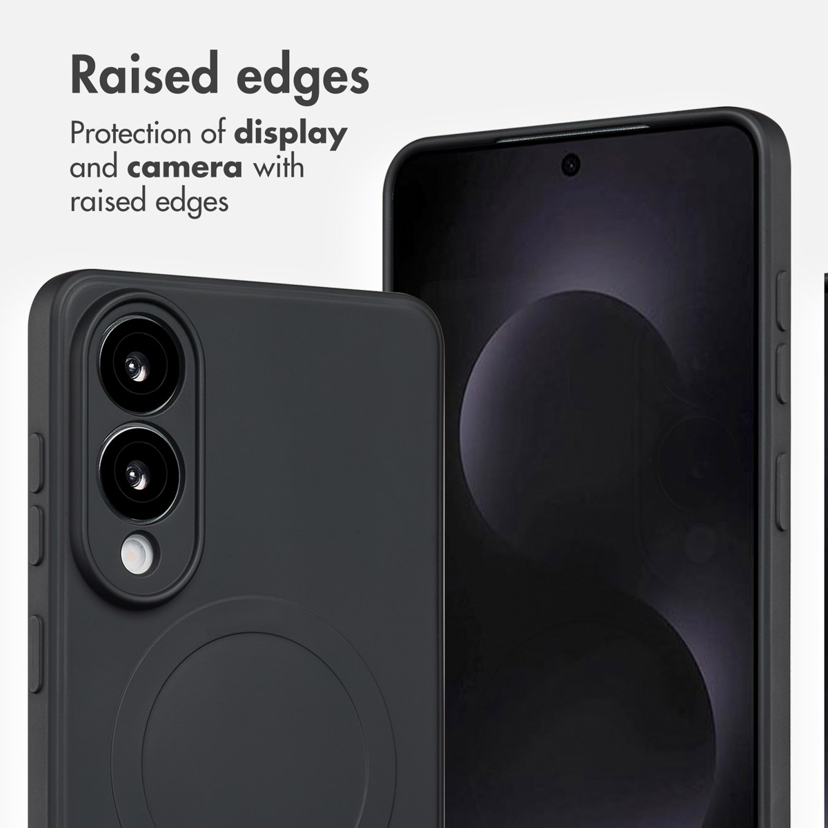 Nahaufnahme einer schwarzen Smartphone-Hülle mit erhöhten Kanten zum Schutz von Display und Kamera.