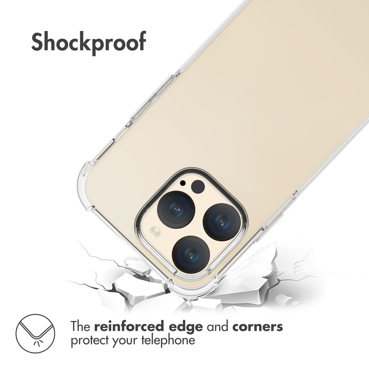 Un smartphone dorado en una funda transparente y antichoque con esquinas reforzadas sobre un gráfico de suelo agrietado.