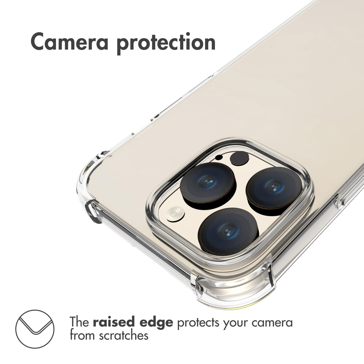 Primer plano de una funda transparente con borde elevado que protege la cámara de arañazos.