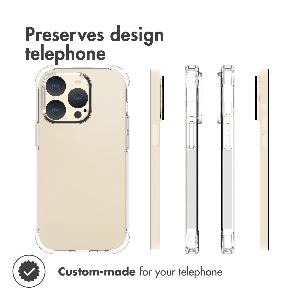 Fundas de teléfono transparentes que muestran un smartphone beige desde varios ángulos.