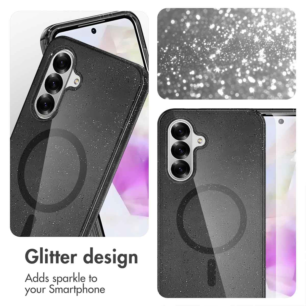 Funda para smartphone negra con purpurina, anillo MagSafe y recorte para cámara.