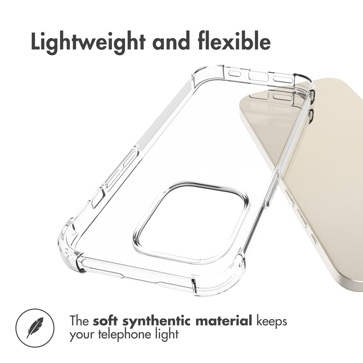 Una funda de teléfono transparente y flexible junto a un smartphone, con texto arriba y abajo.