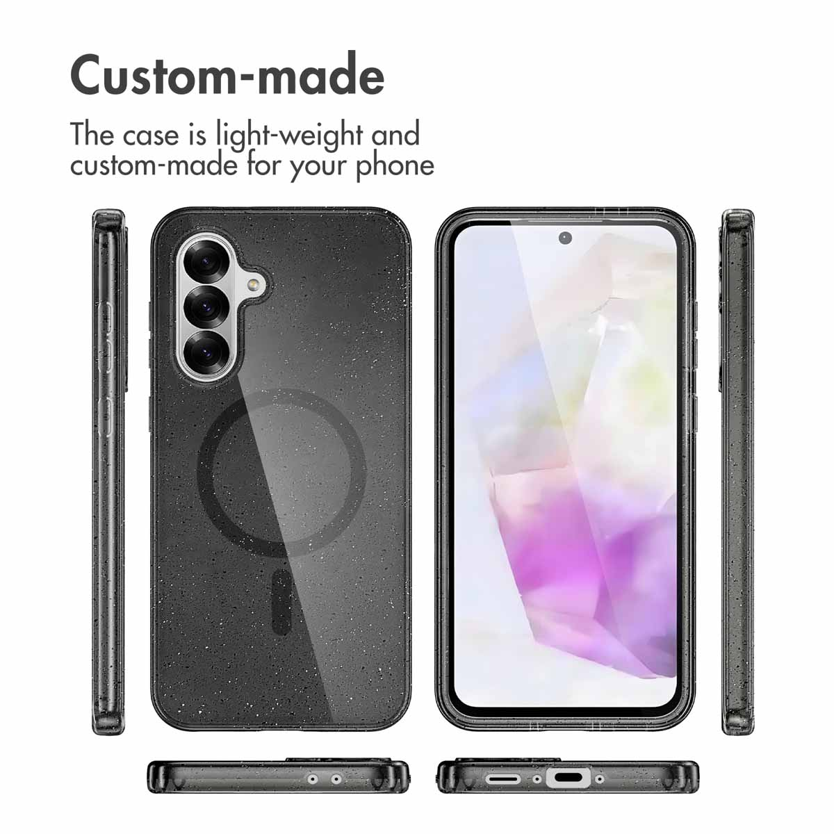 Varias vistas de una funda protectora para smartphone negra y ligera hecha a medida.