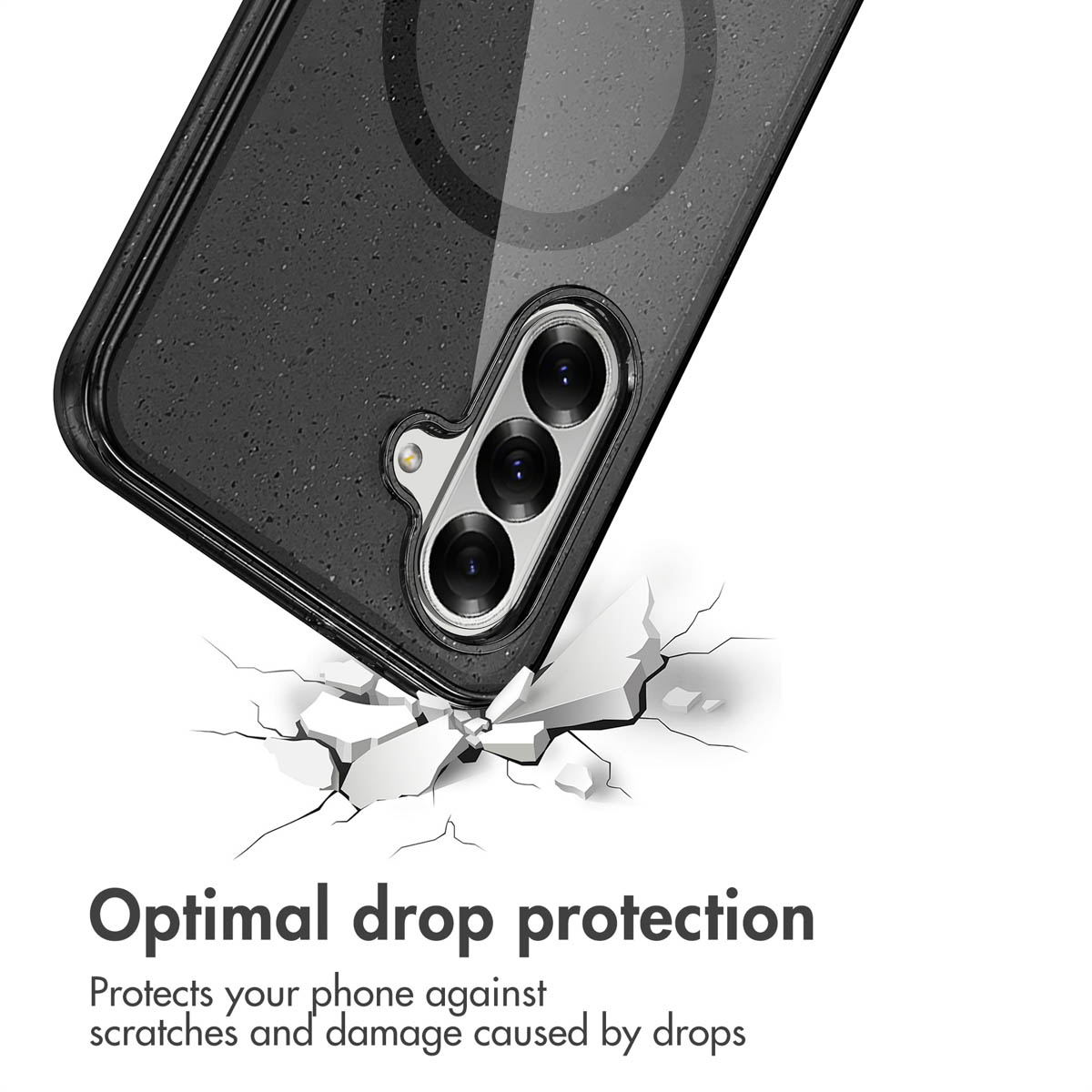Una funda de smartphone negra demuestra protección óptima contra caídas.