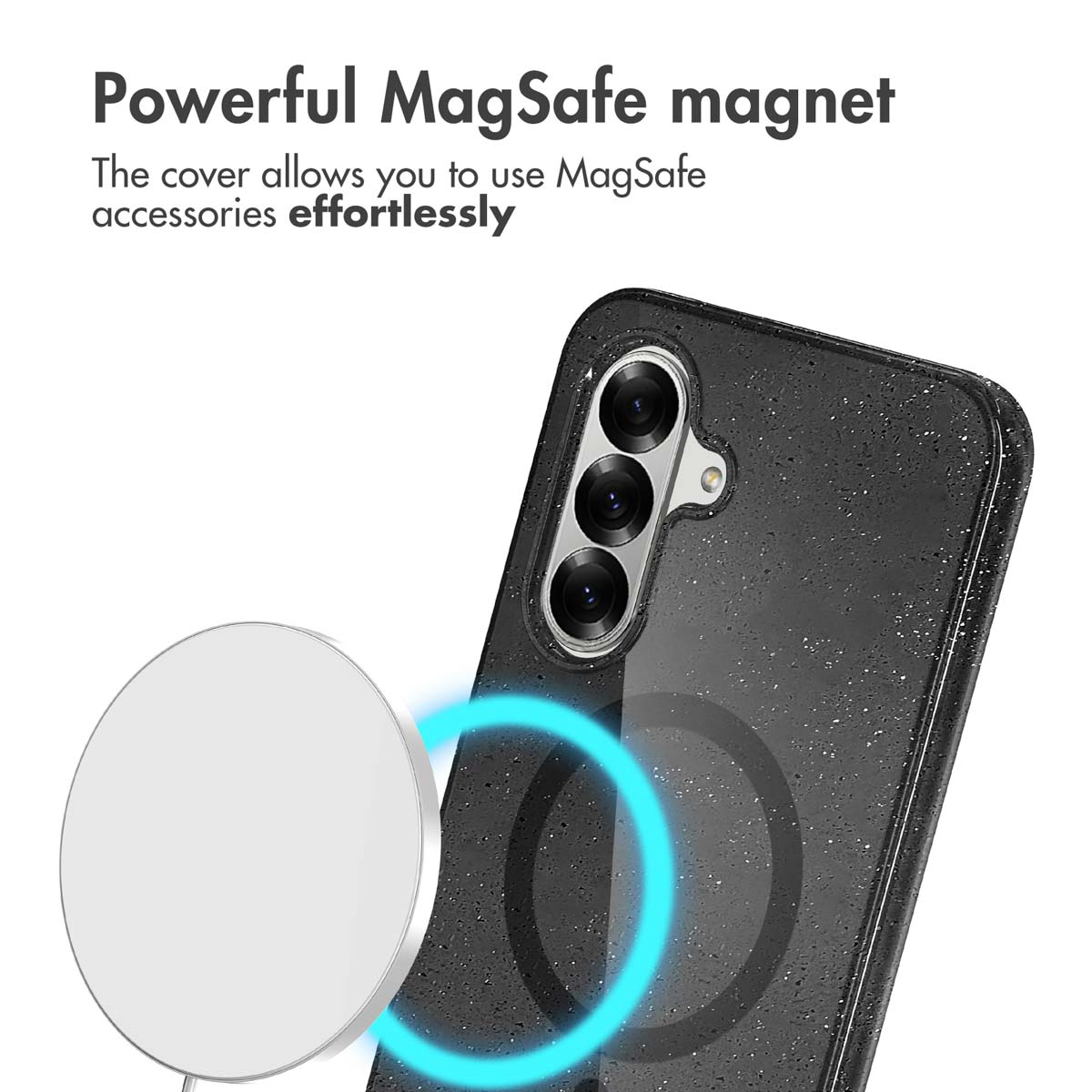 Fundas de teléfono negras brillantes con imán MagSafe y cargador. Texto arriba.