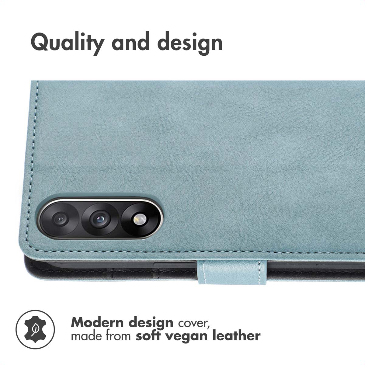 A light blue vegan leather phone case with three camera lenses, featuring text about quality and modern design.