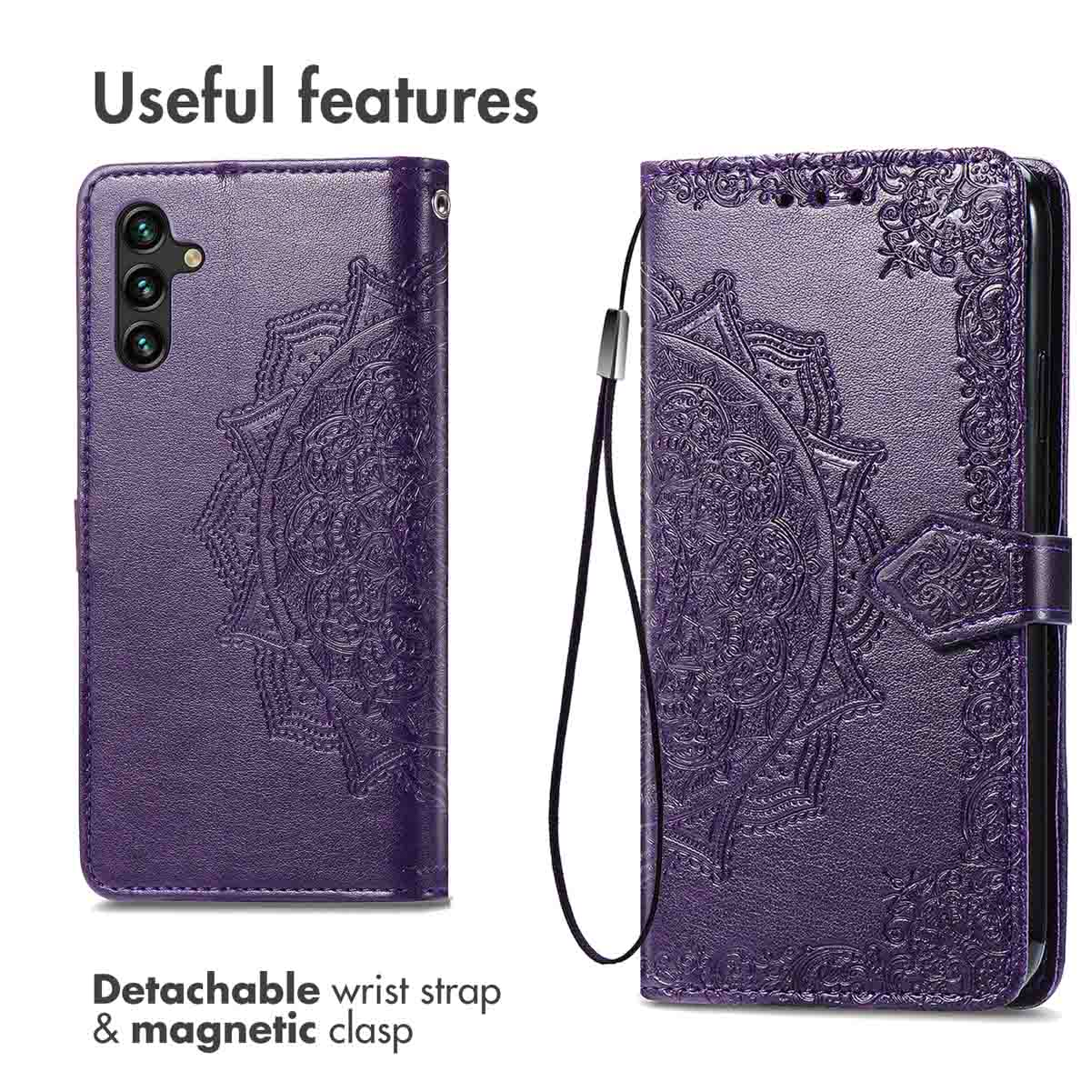 Funda de cuero morada con relieve, diseño de mandala, correa de muñeca y cierre magnético, vista frontal y trasera.