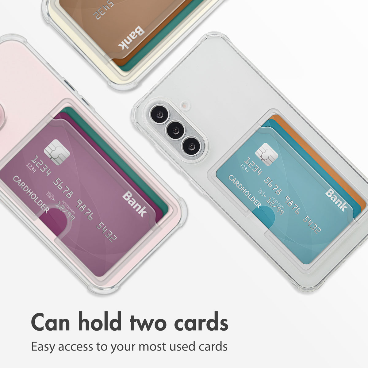 Trois smartphones avec des coques transparentes contenant chacun deux cartes bancaires.