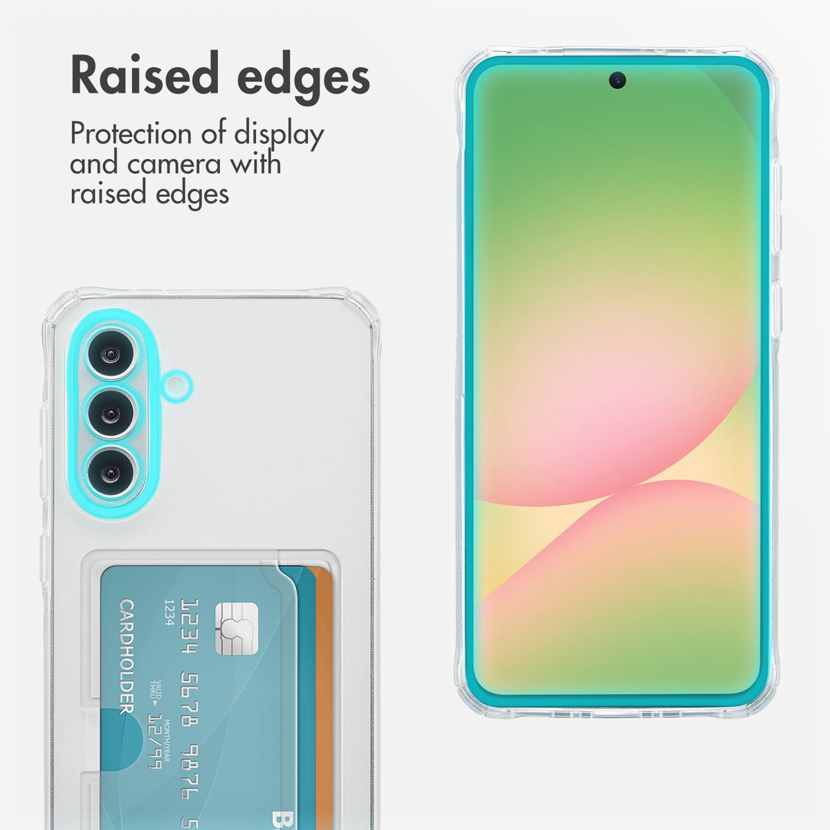 Coque transparente montrant des bords surélevés pour protéger l'écran et la caméra, avec porte-cartes.