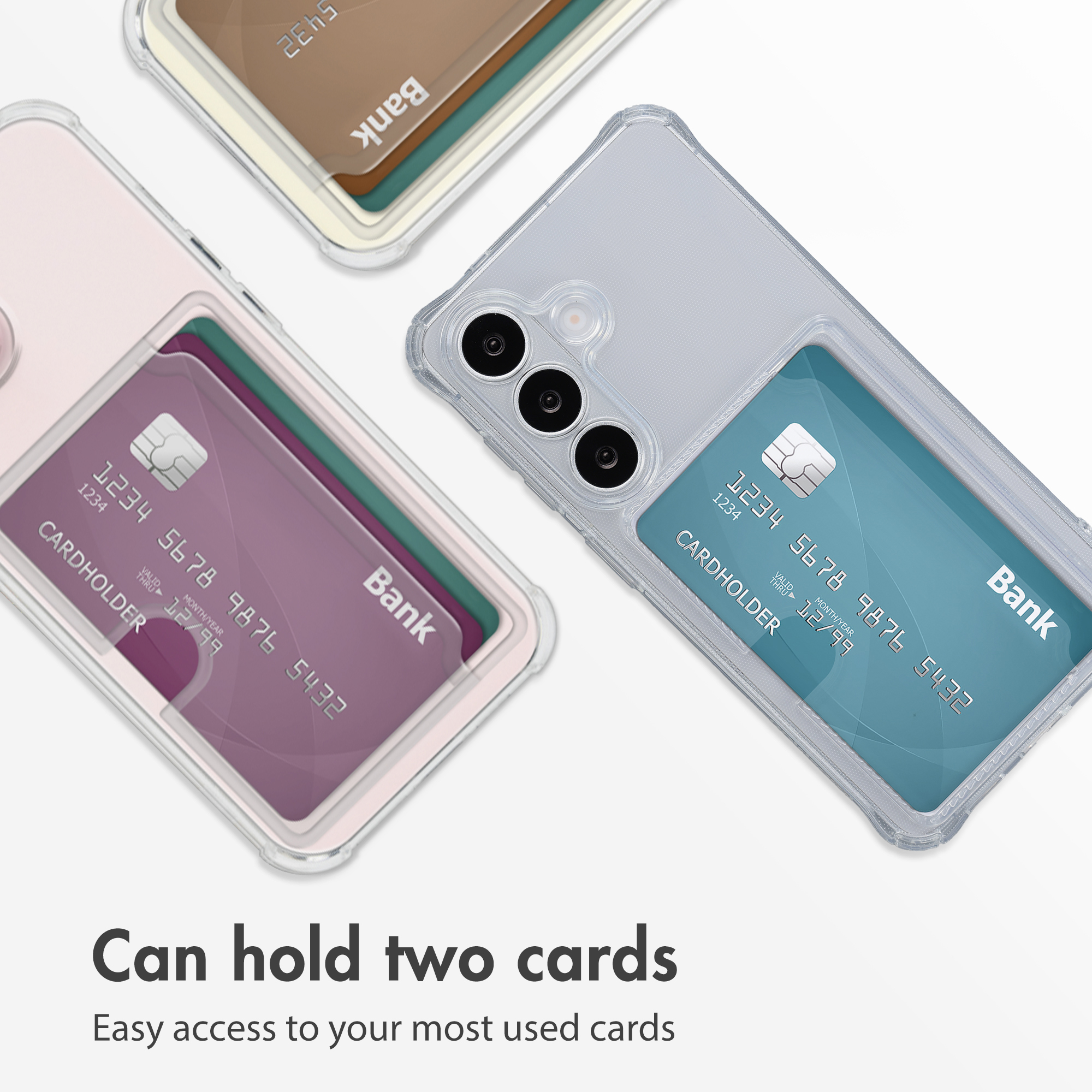 Tre custodie trasparenti per smartphone con porta carte integrato, ciascuna con carte di credito sul retro.