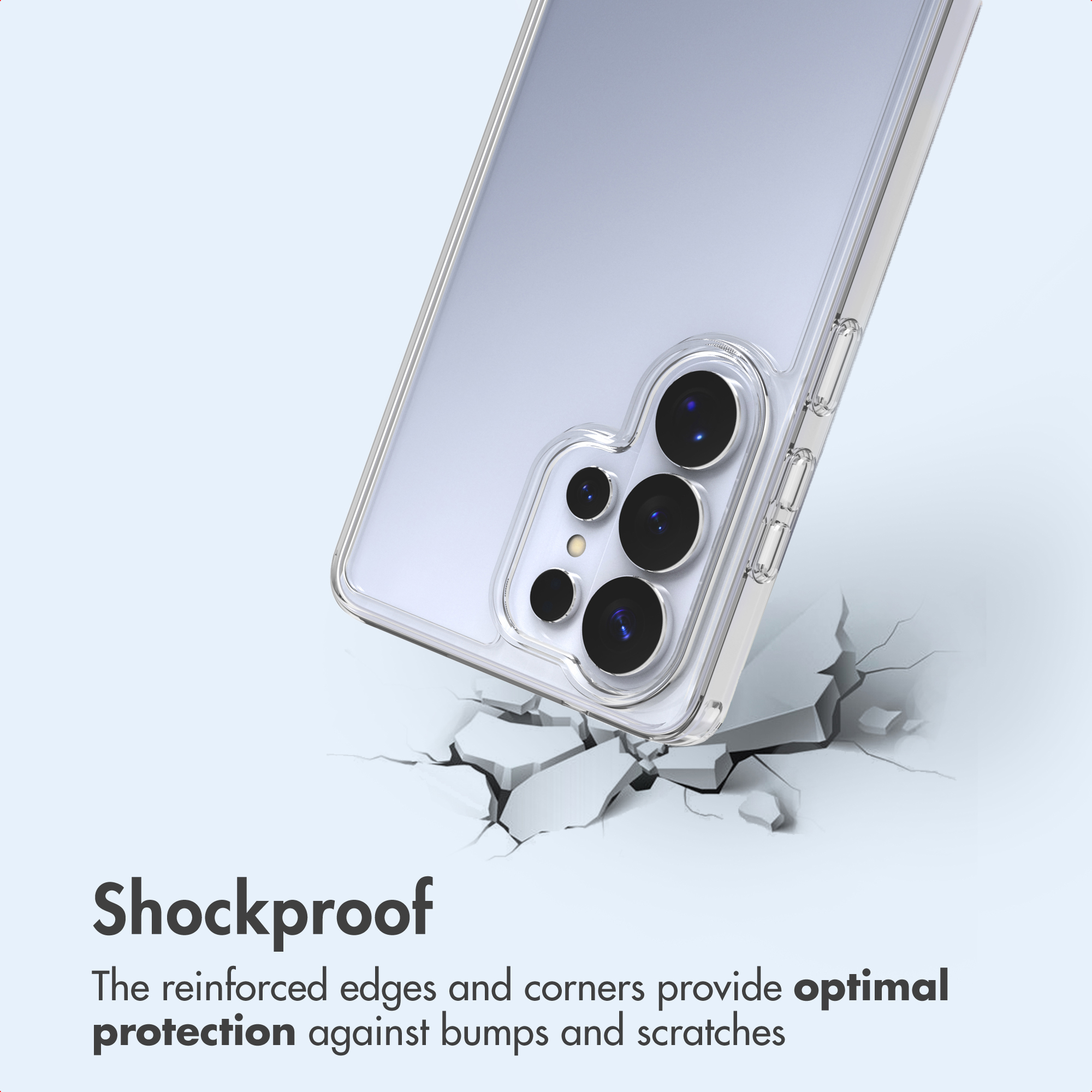 Un smartphone en una funda protectora transparente sobre una superficie gris agrietada, con texto Antigolpes abajo.