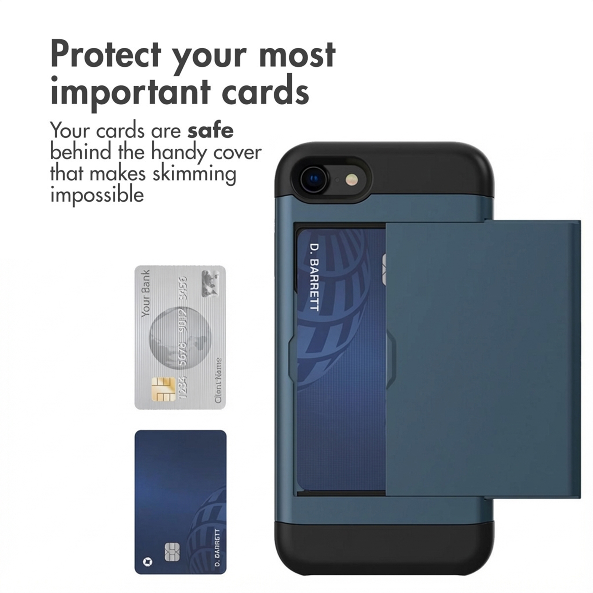 Una custodia per cellulare blu scuro con porta carte integrato e due carte di credito in primo piano.