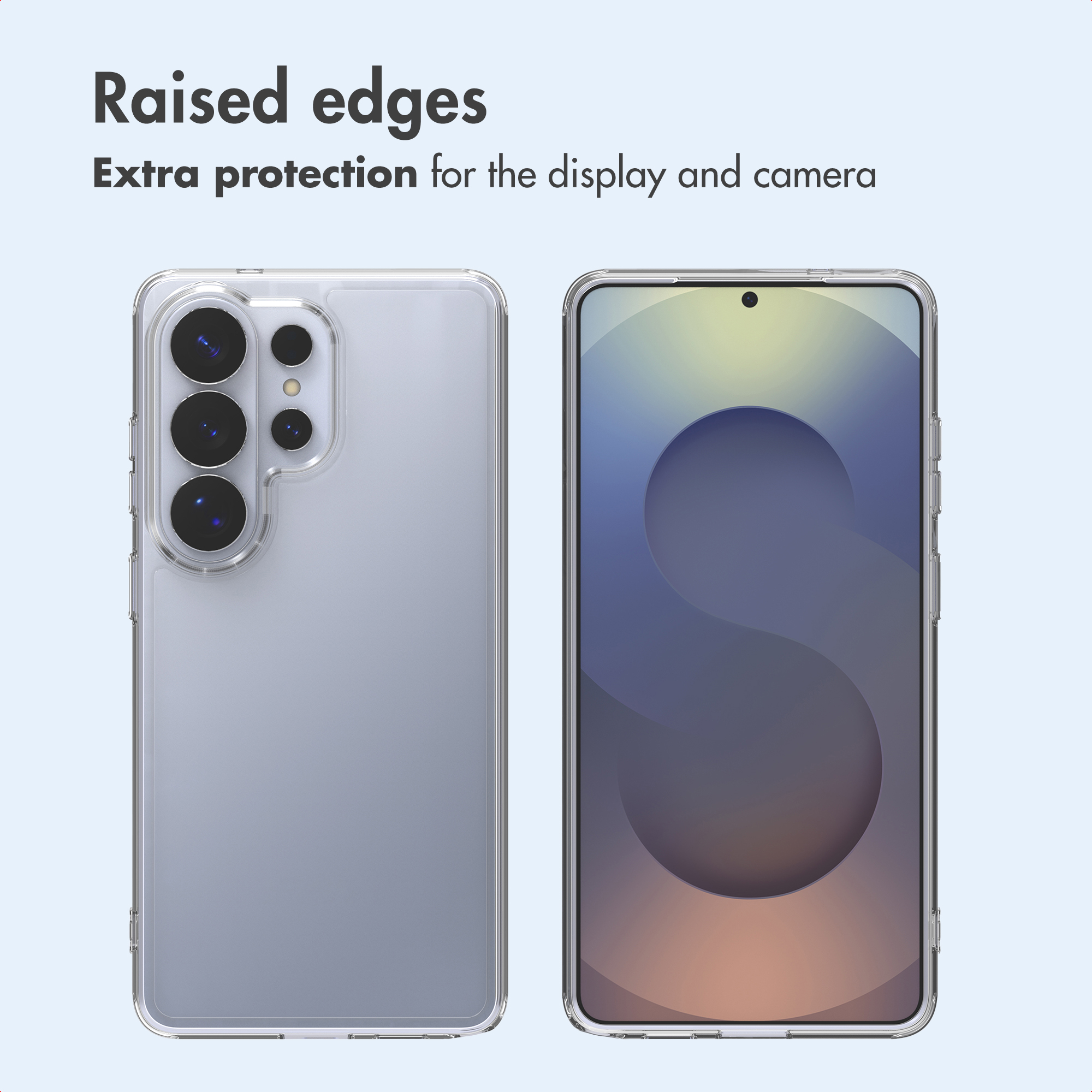 Un smartphone en una funda transparente con bordes elevados para mayor protección.