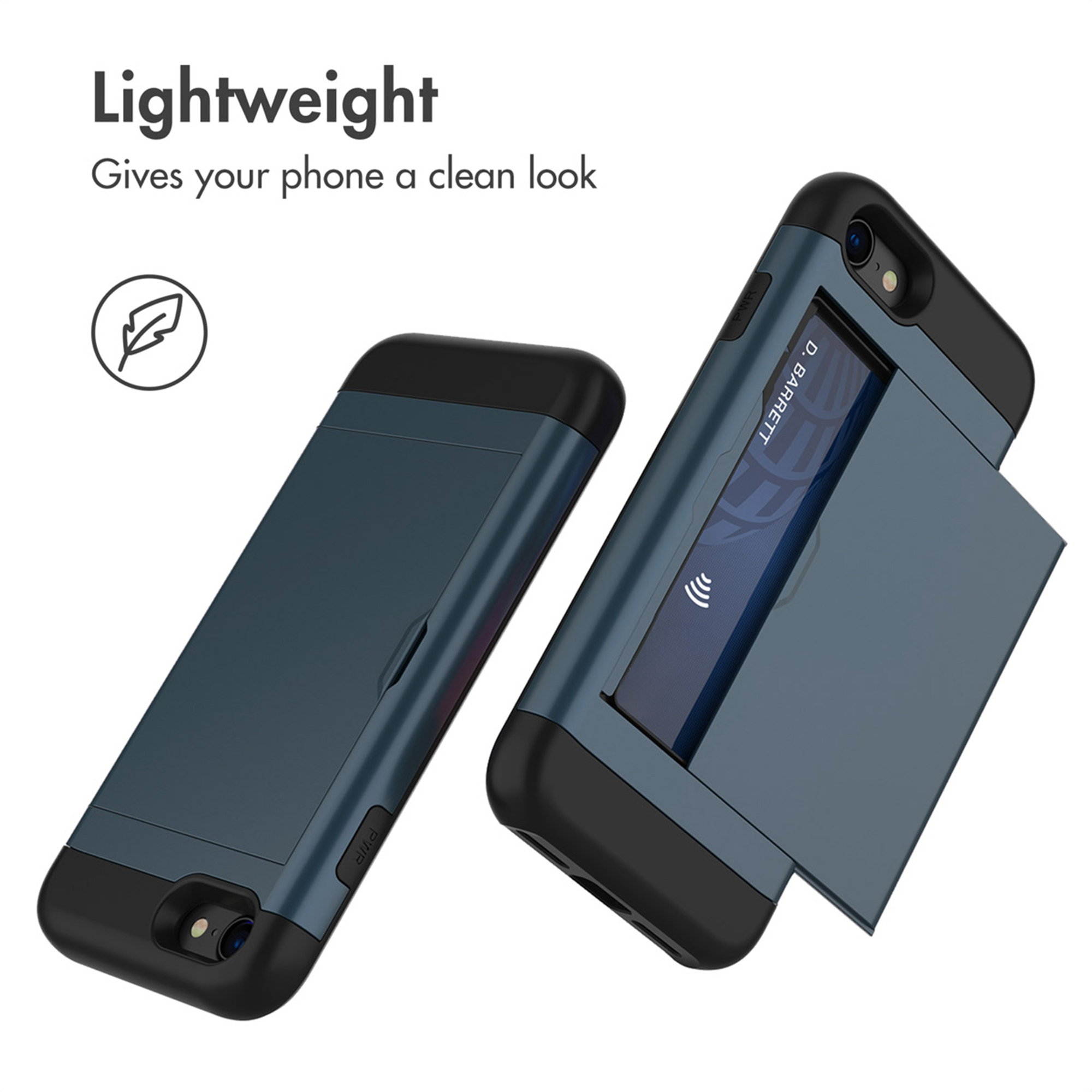 Due cover per smartphone blu con porta carte integrato su sfondo bianco e la scritta Leggero.