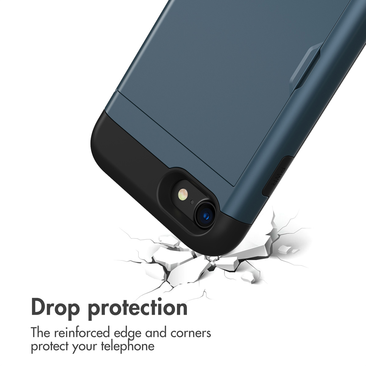 Custodia protettiva per cellulare blu e nera con simbolo di protezione contro le cadute.