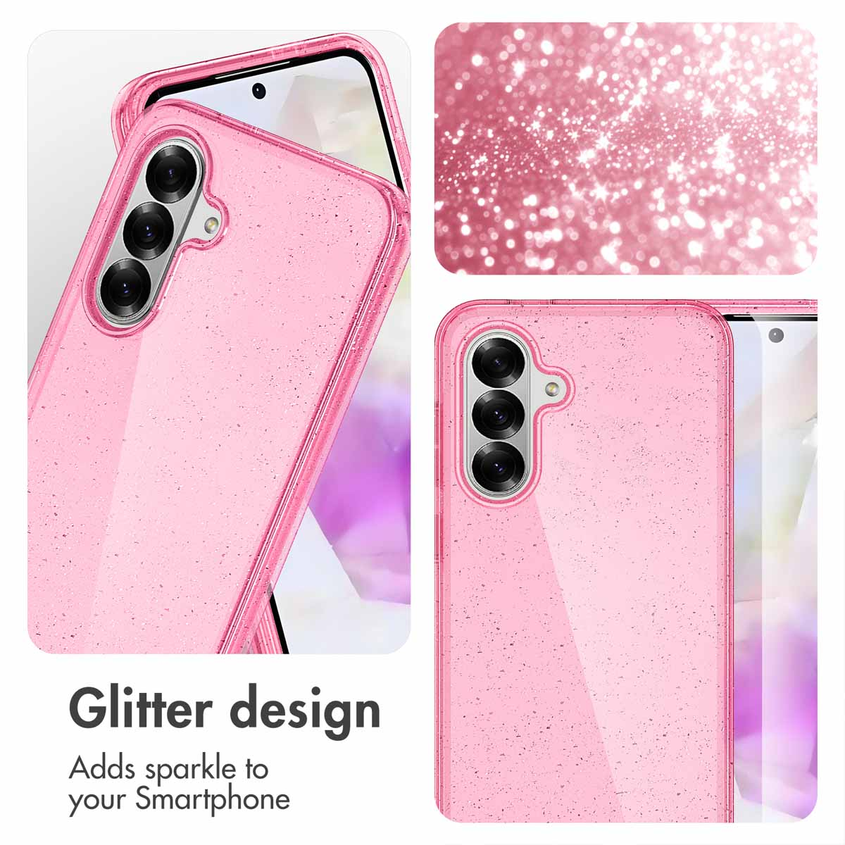 Funda de smartphone rosa brillante con un recorte de cámara incorporado y el texto Glitter design.