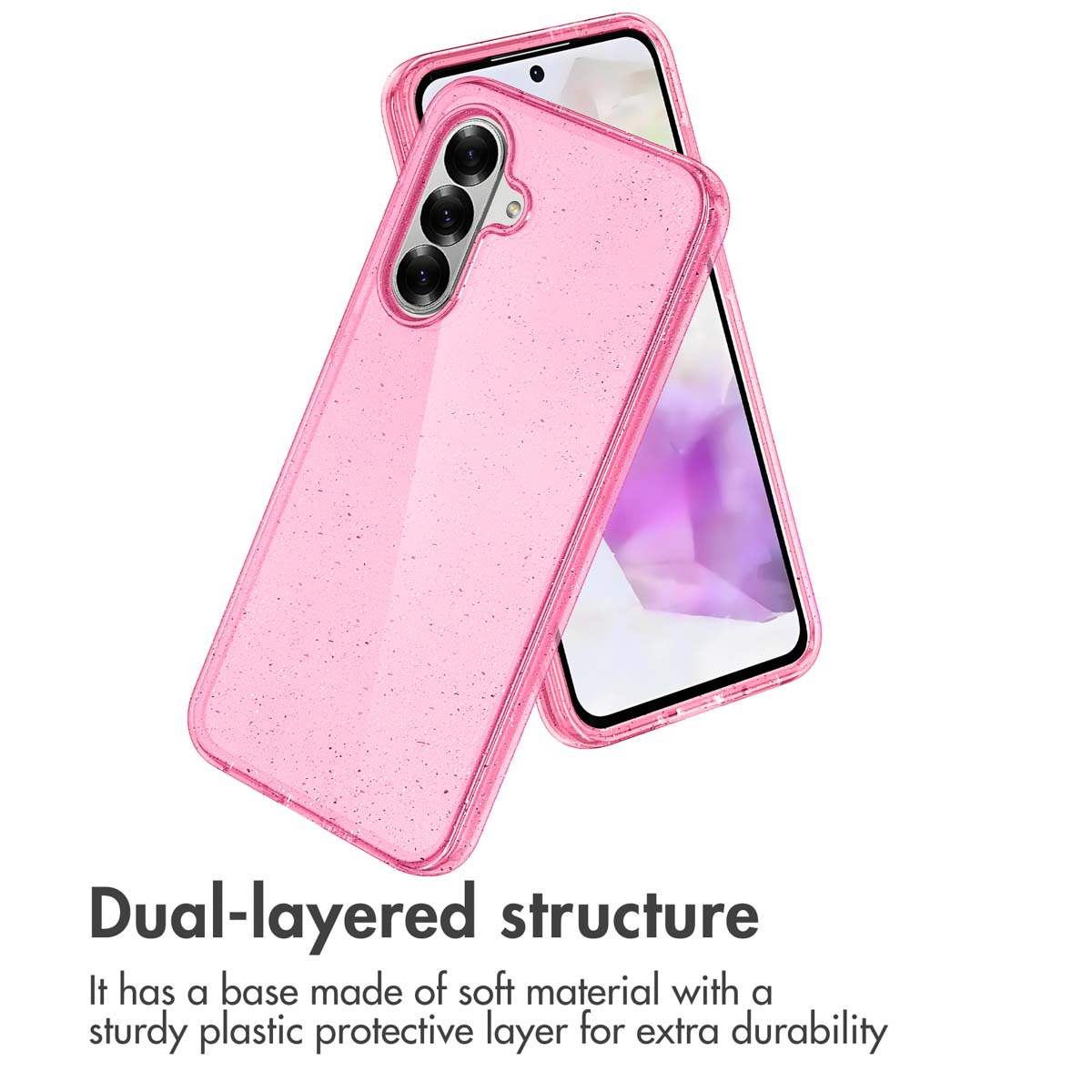 Fundas para smartphone rosa brillante con triple cámara y texto abajo.