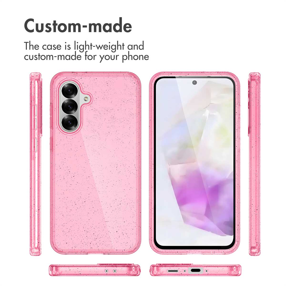 Vistas múltiples de una funda para teléfono rosa brillante con texto arriba.