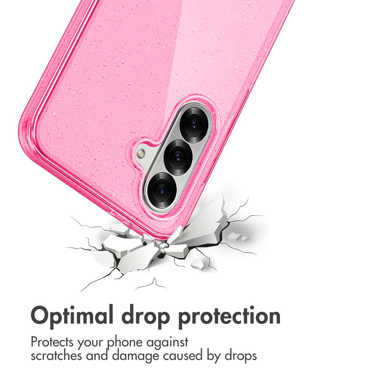 Una funda de teléfono rosa brillante sobre una superficie agrietada ilustra protección óptima.