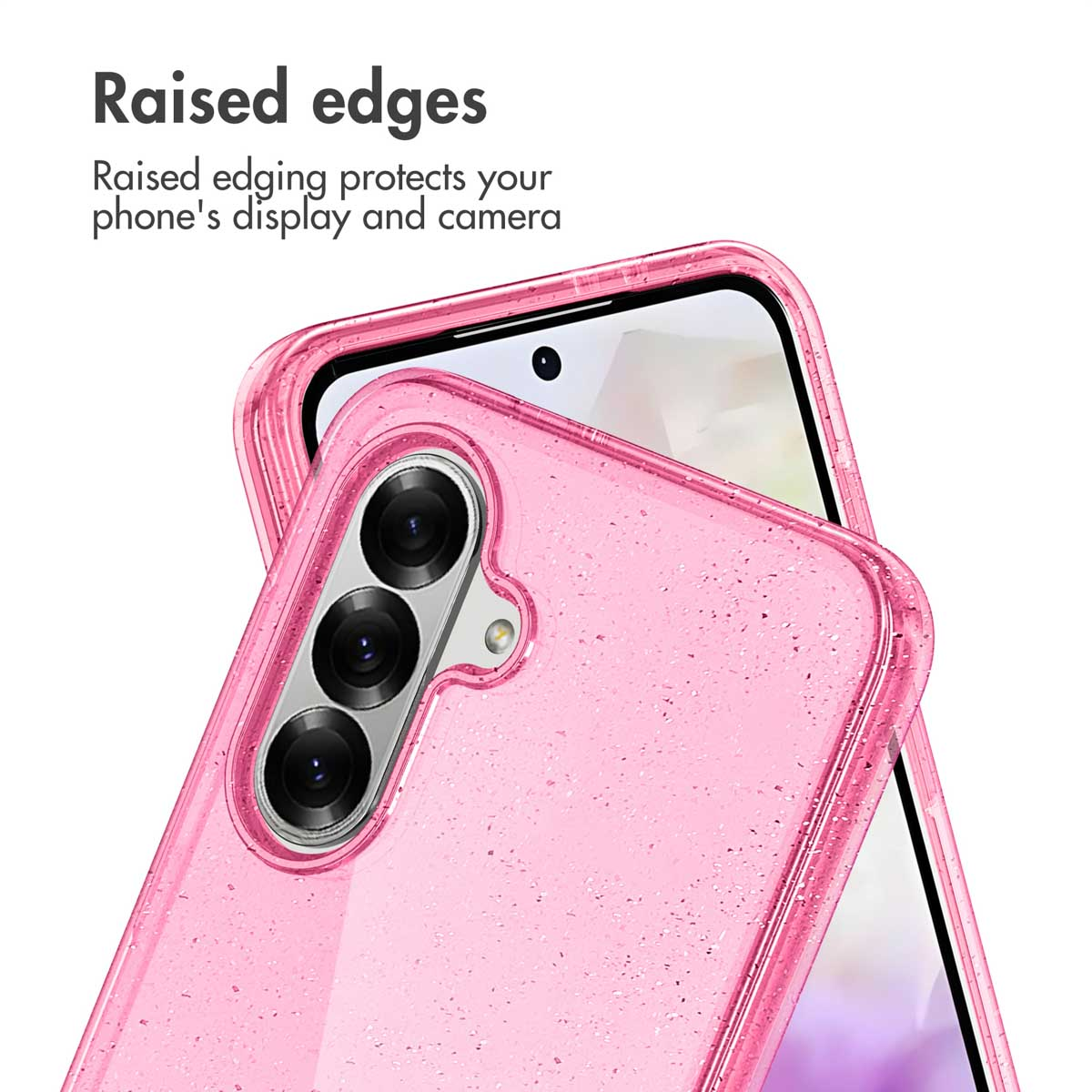 Funda de teléfono rosa brillante con bordes elevados que protegen la pantalla y la cámara.