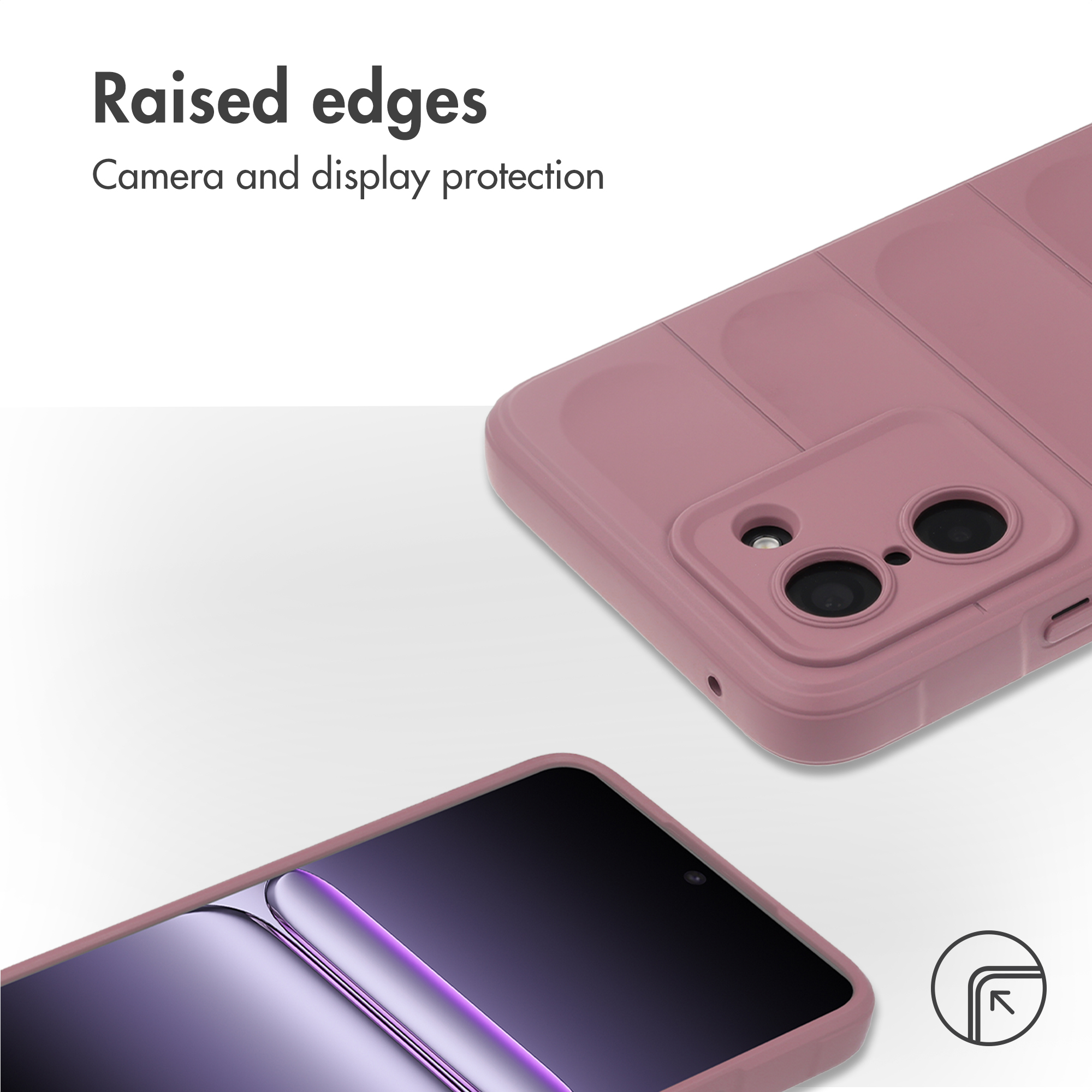 Roze smartphone hoesje met verhoogde randen voor camera- en beeldschermbescherming.