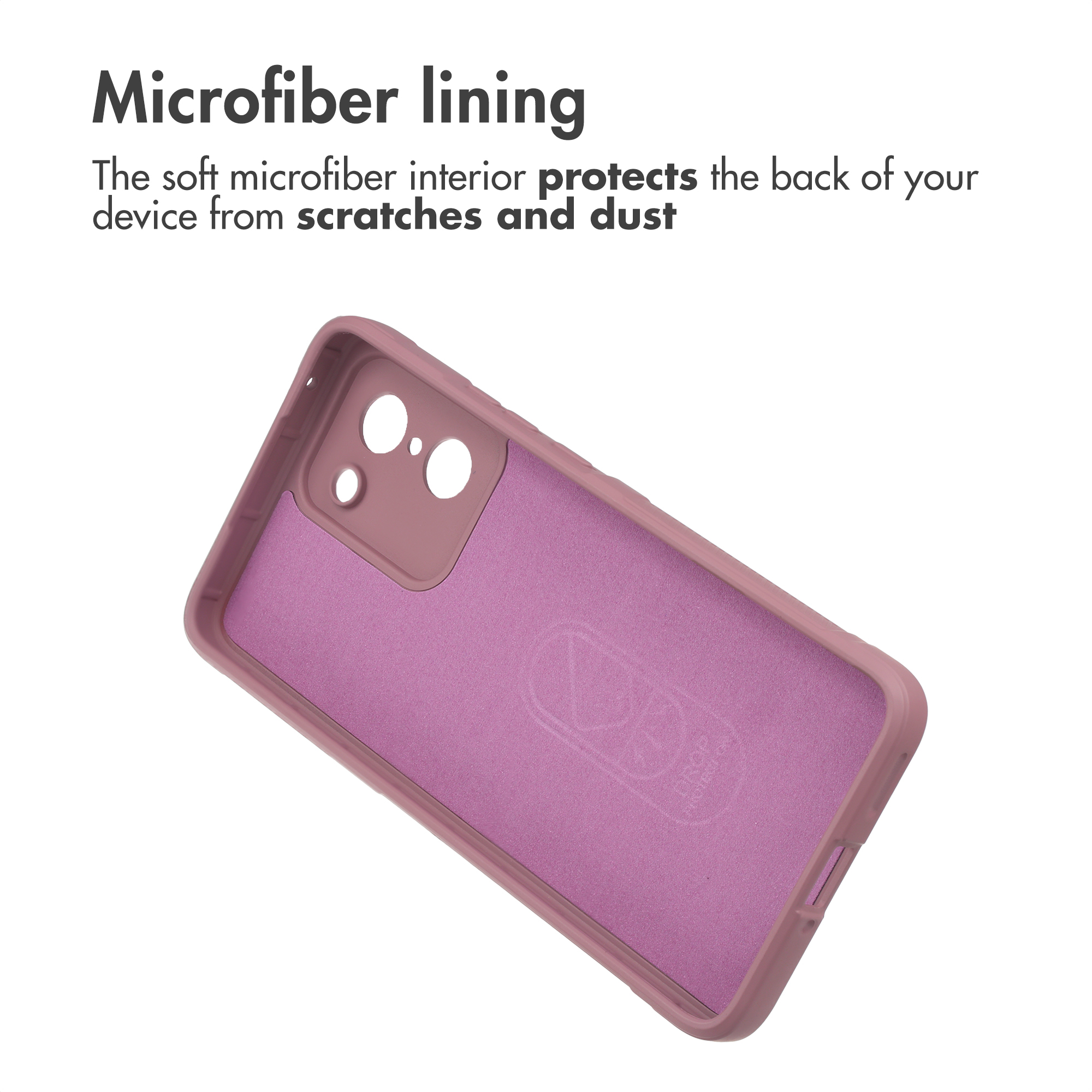 Roze telefoonhoesje met zachte microvezel voering aan de binnenzijde.