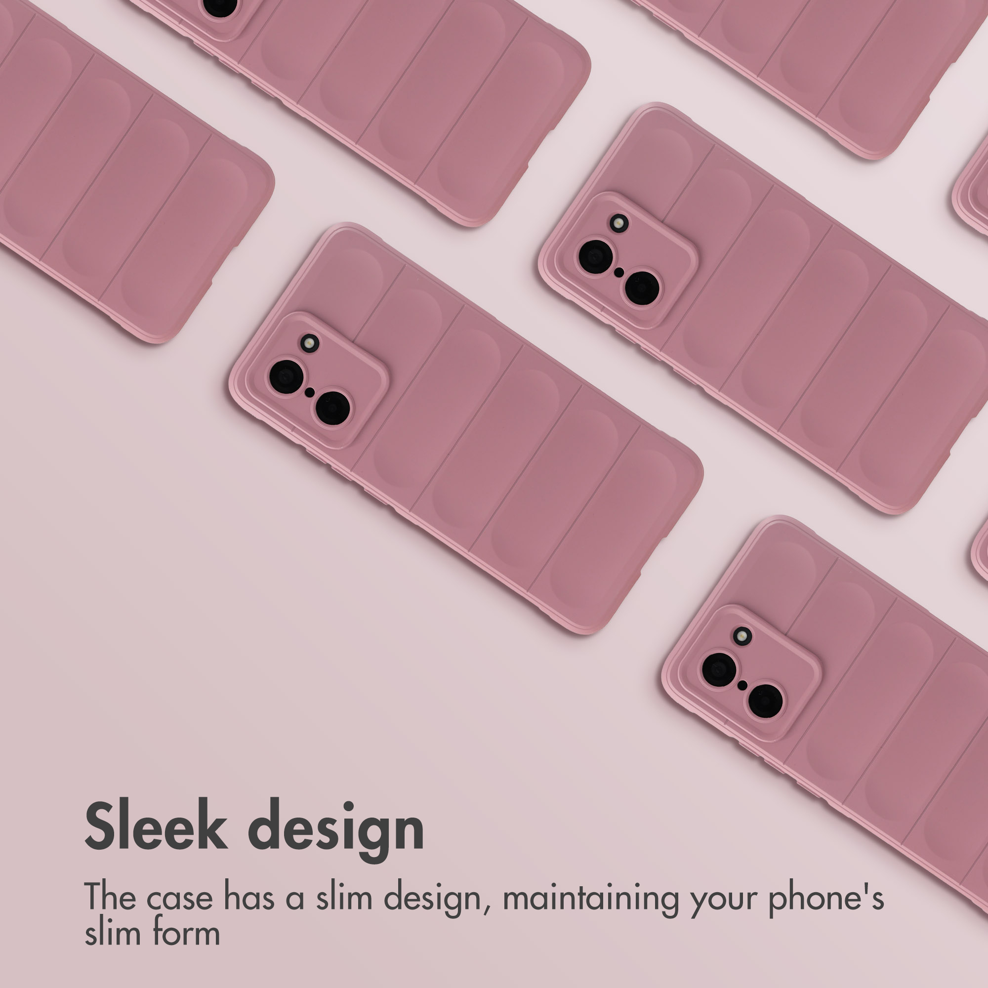 Verschillende roze telefoonhoesjes in puffer-stijl diagonaal op een lichtroze achtergrond.