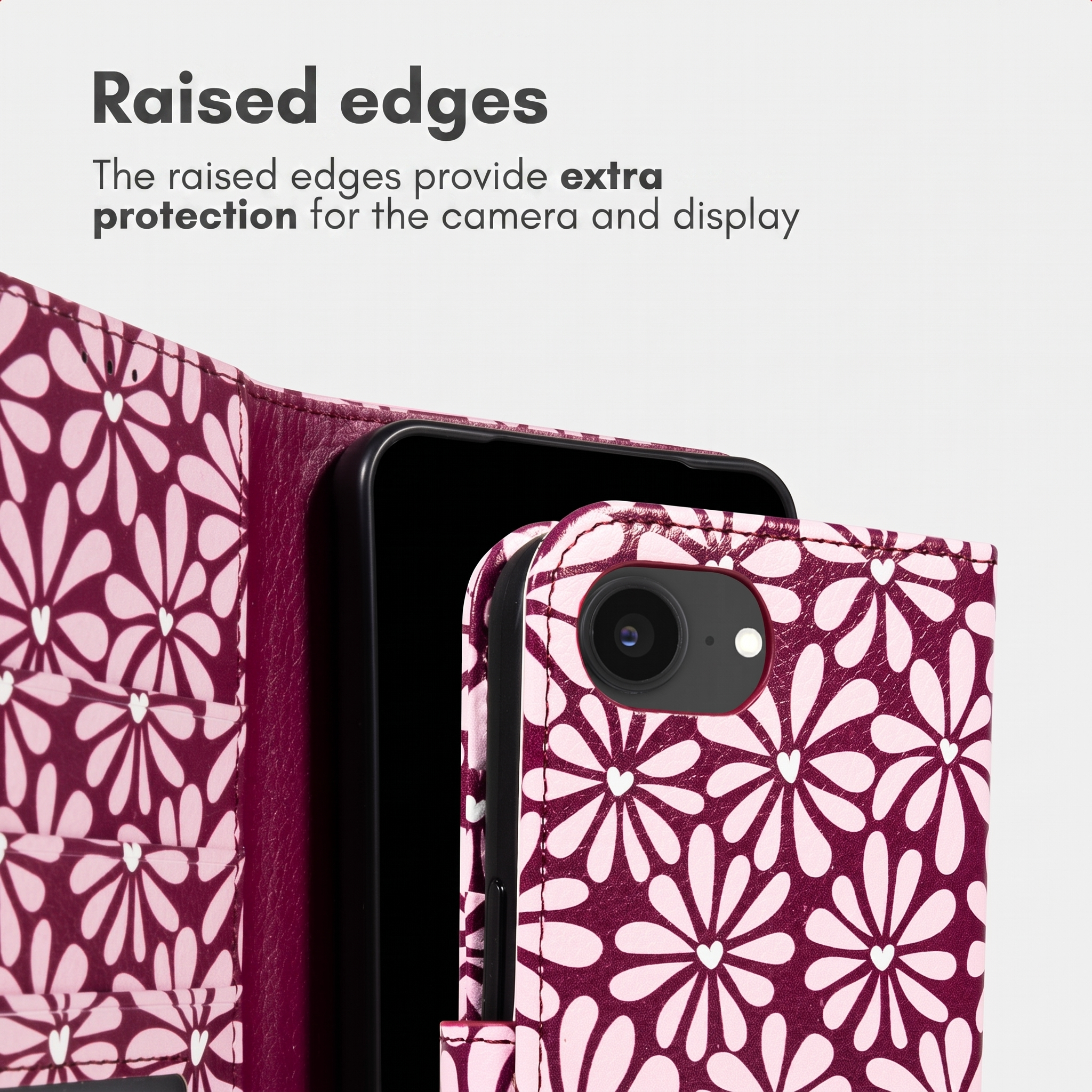 Custodia per telefono con motivo floreale che protegge fotocamera e display.