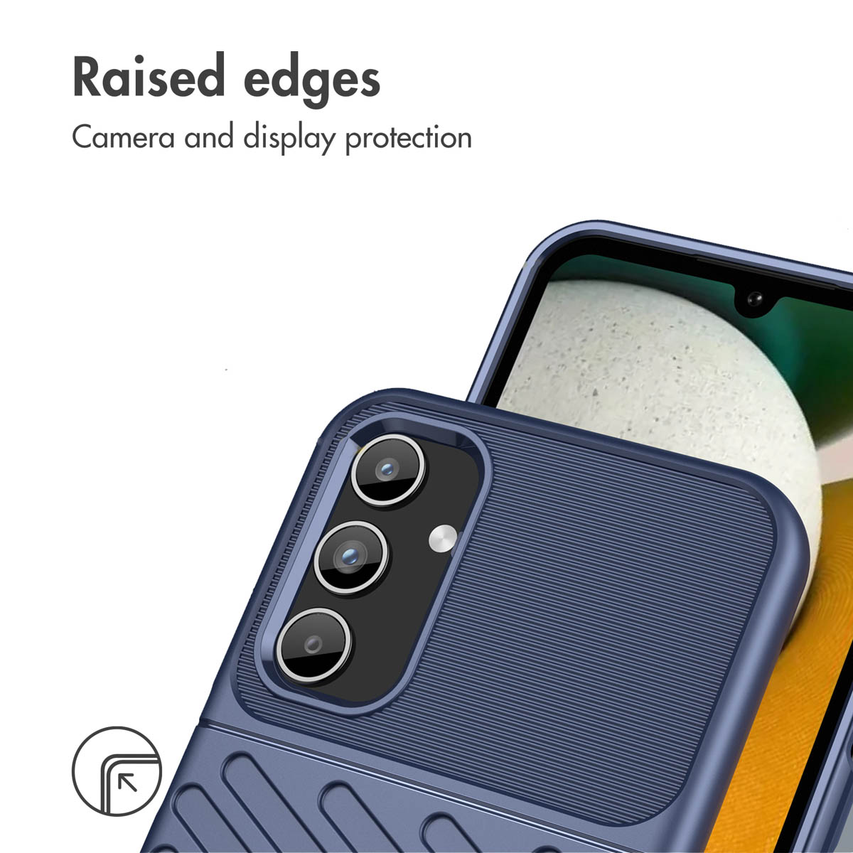 Custodia protettiva blu con bordi rialzati per fotocamera e display.